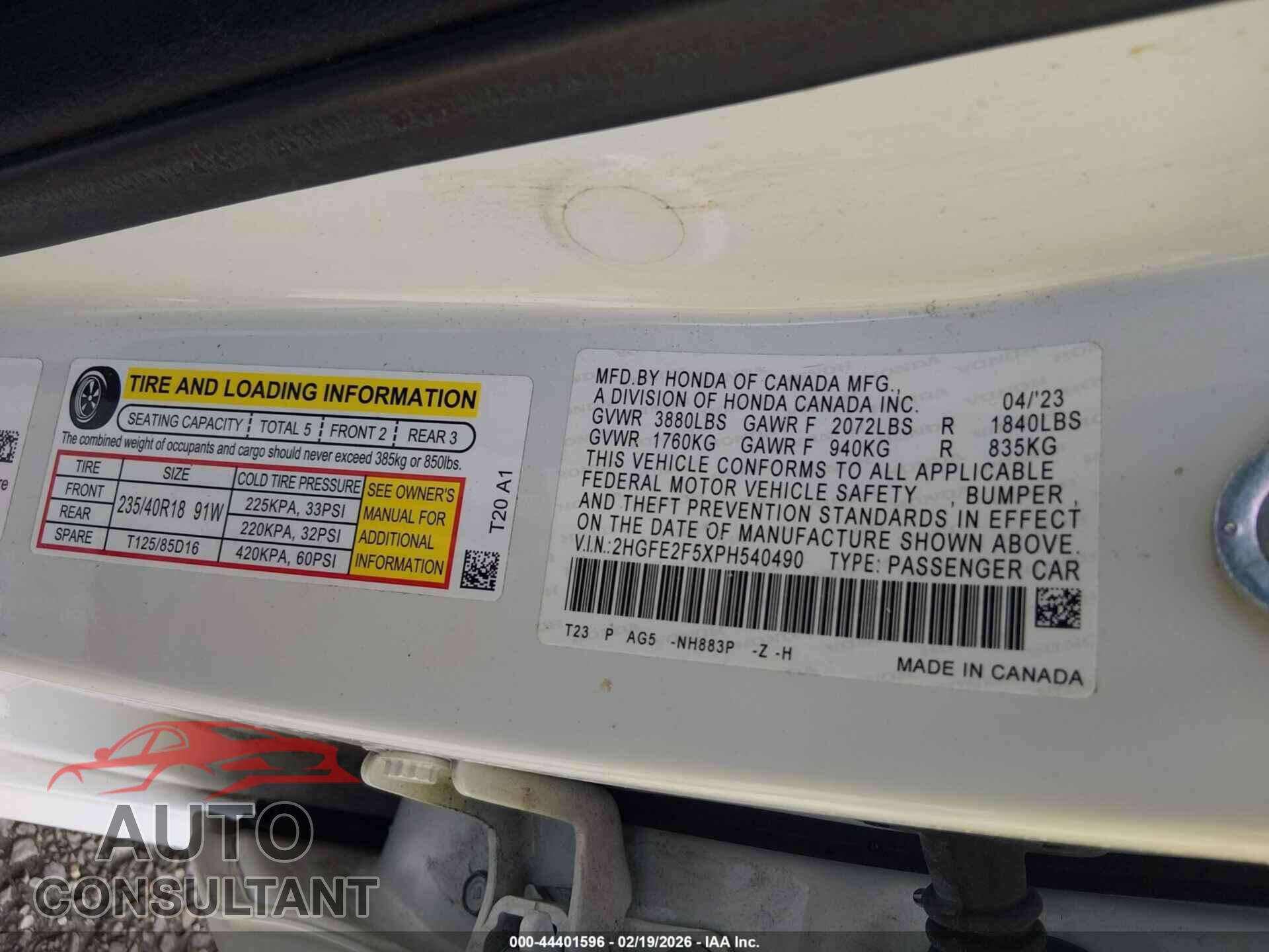 HONDA CIVIC 2023 - 2HGFE2F5XPH540490