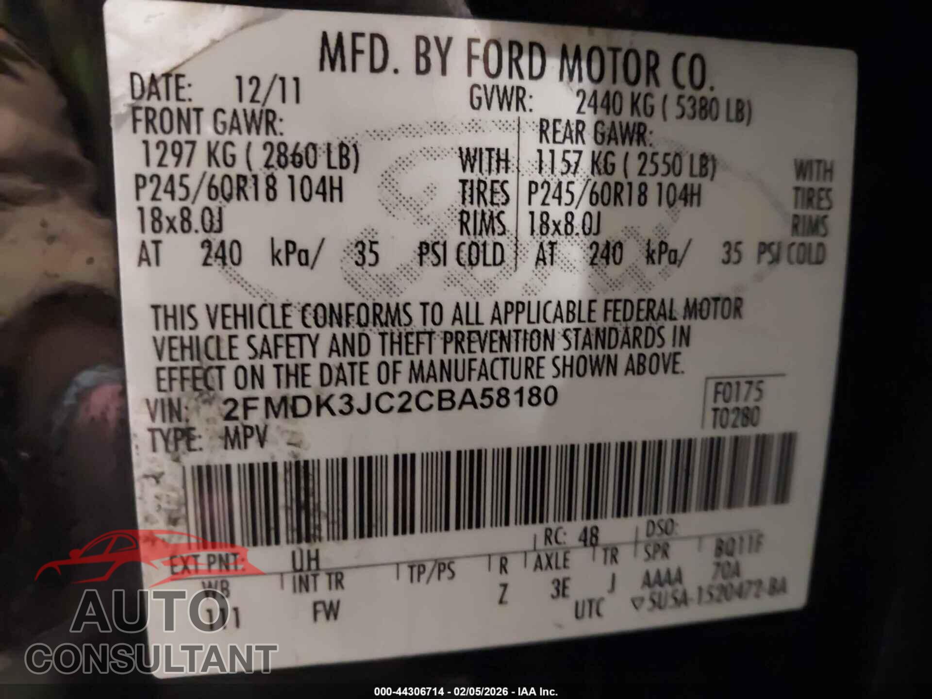 FORD EDGE 2012 - 2FMDK3JC2CBA58180