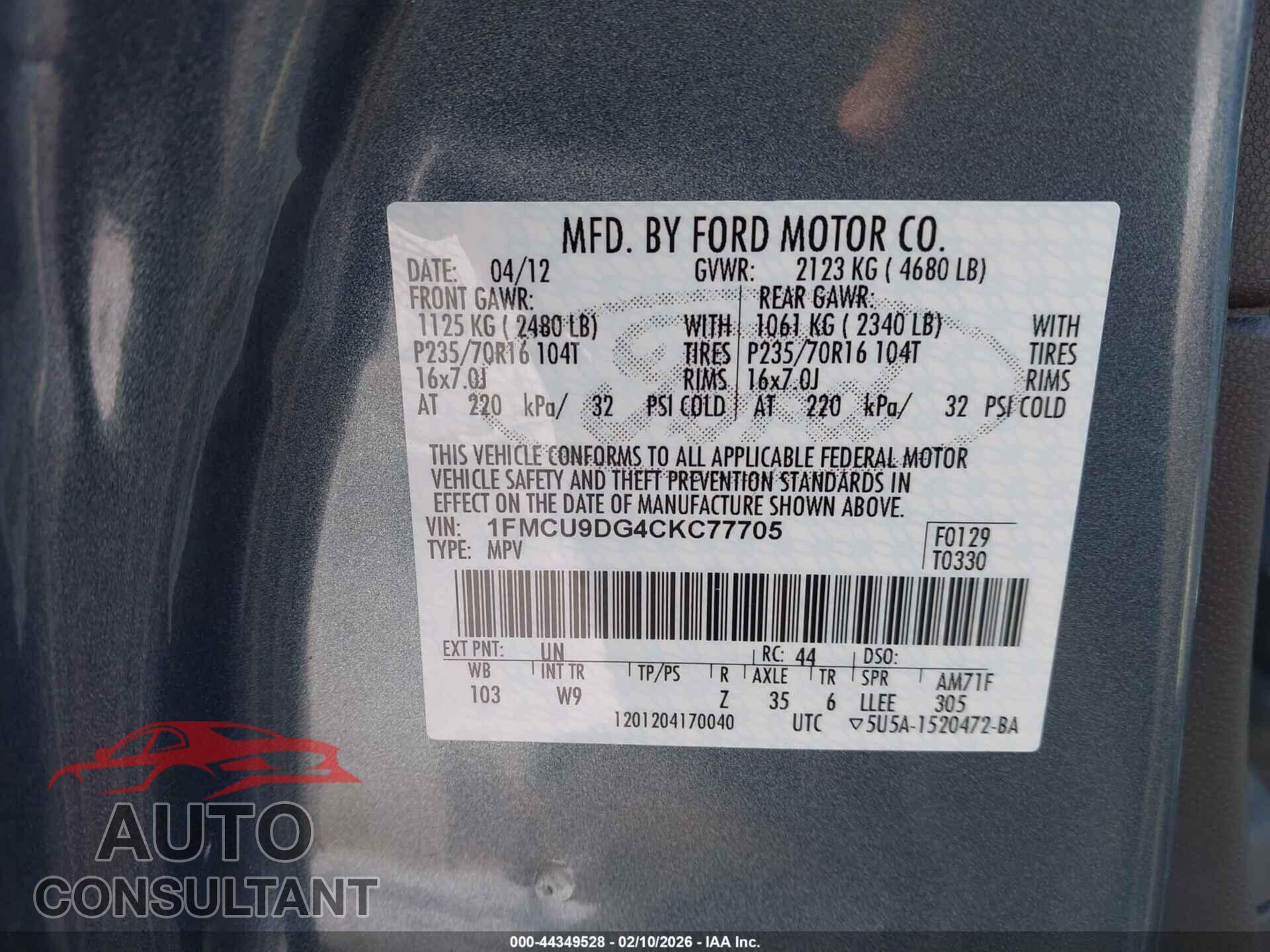 FORD ESCAPE 2012 - 1FMCU9DG4CKC77705