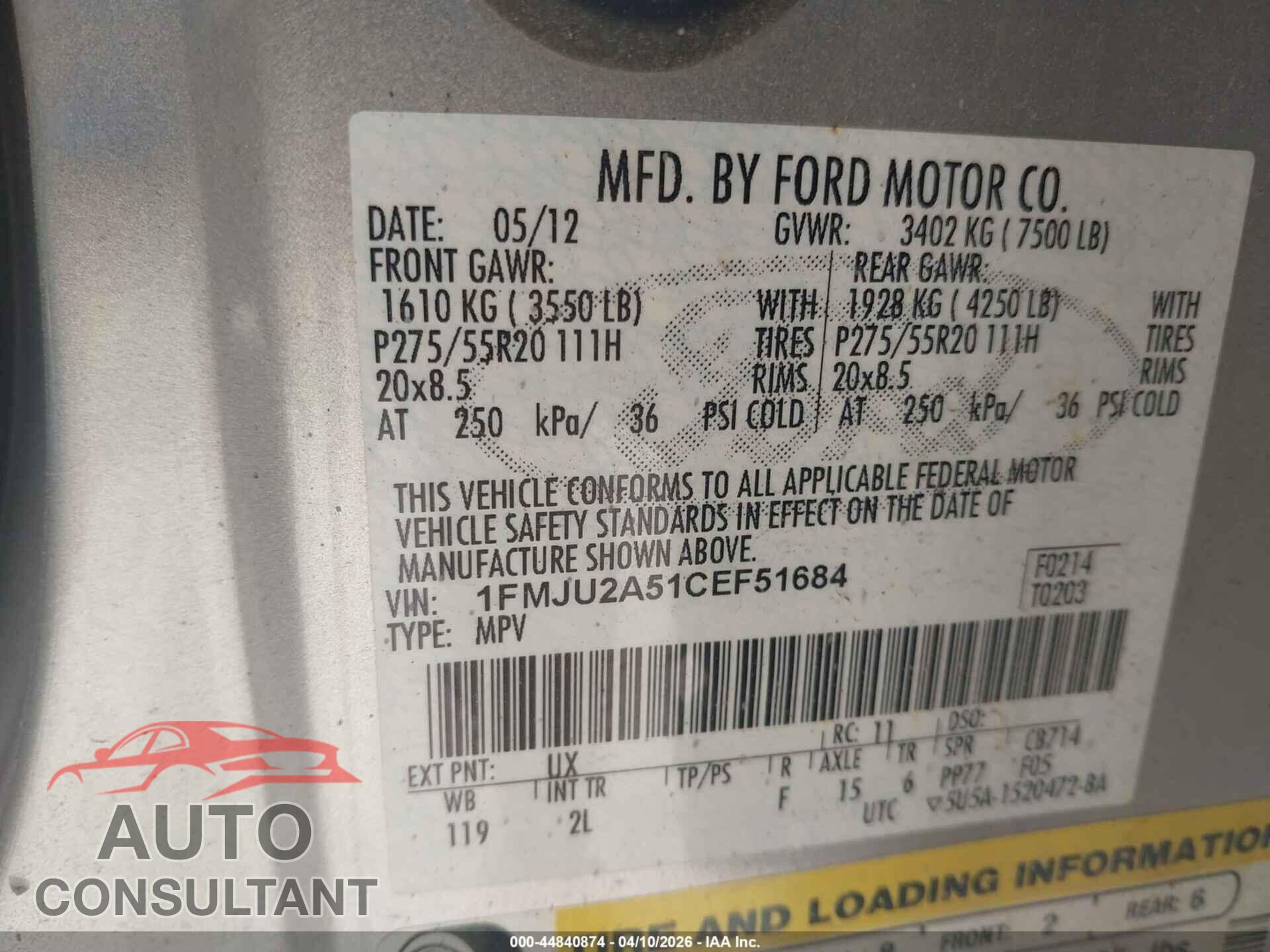 FORD EXPEDITION 2012 - 1FMJU2A51CEF51684