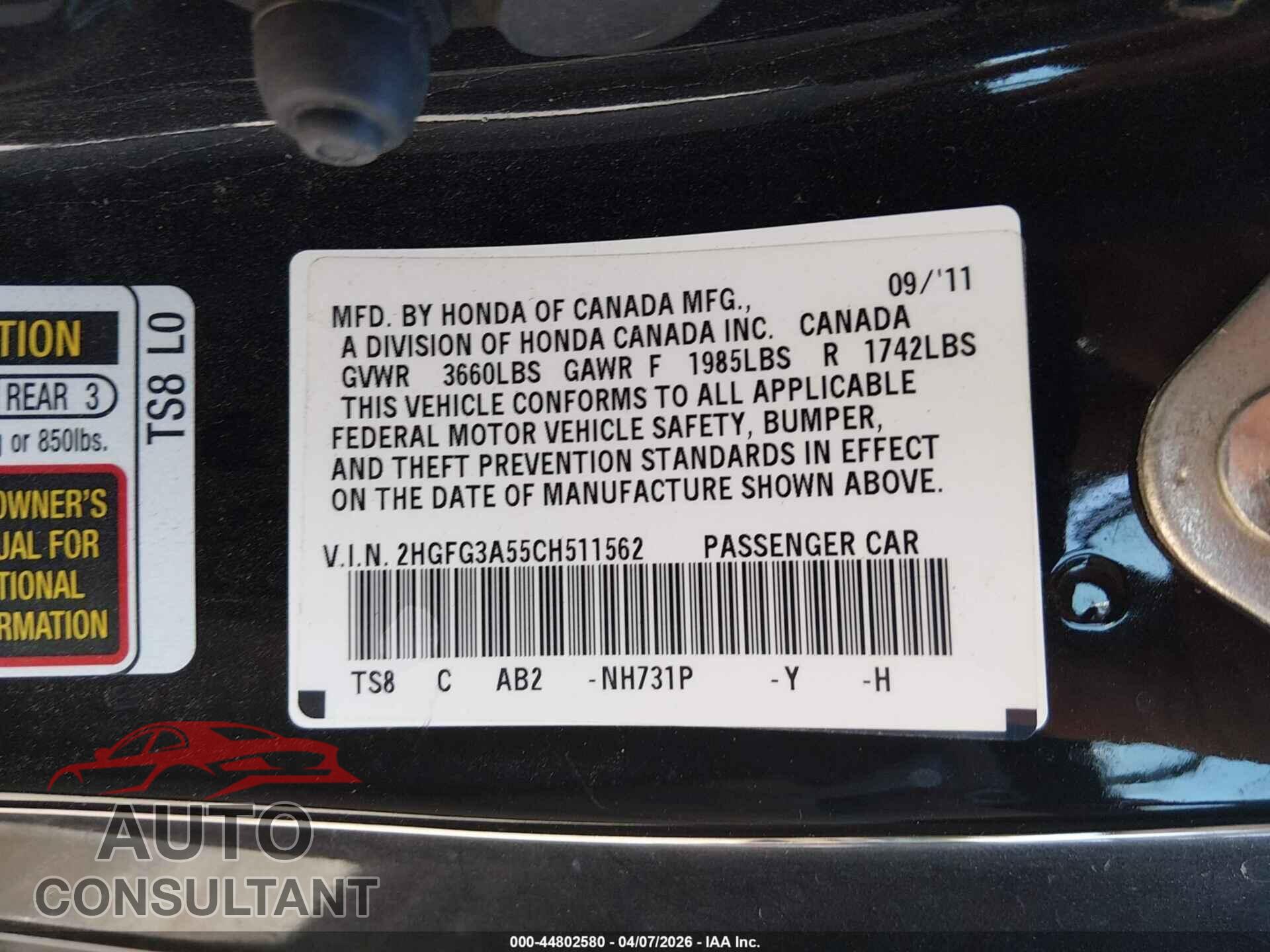 HONDA CIVIC 2012 - 2HGFG3A55CH511562