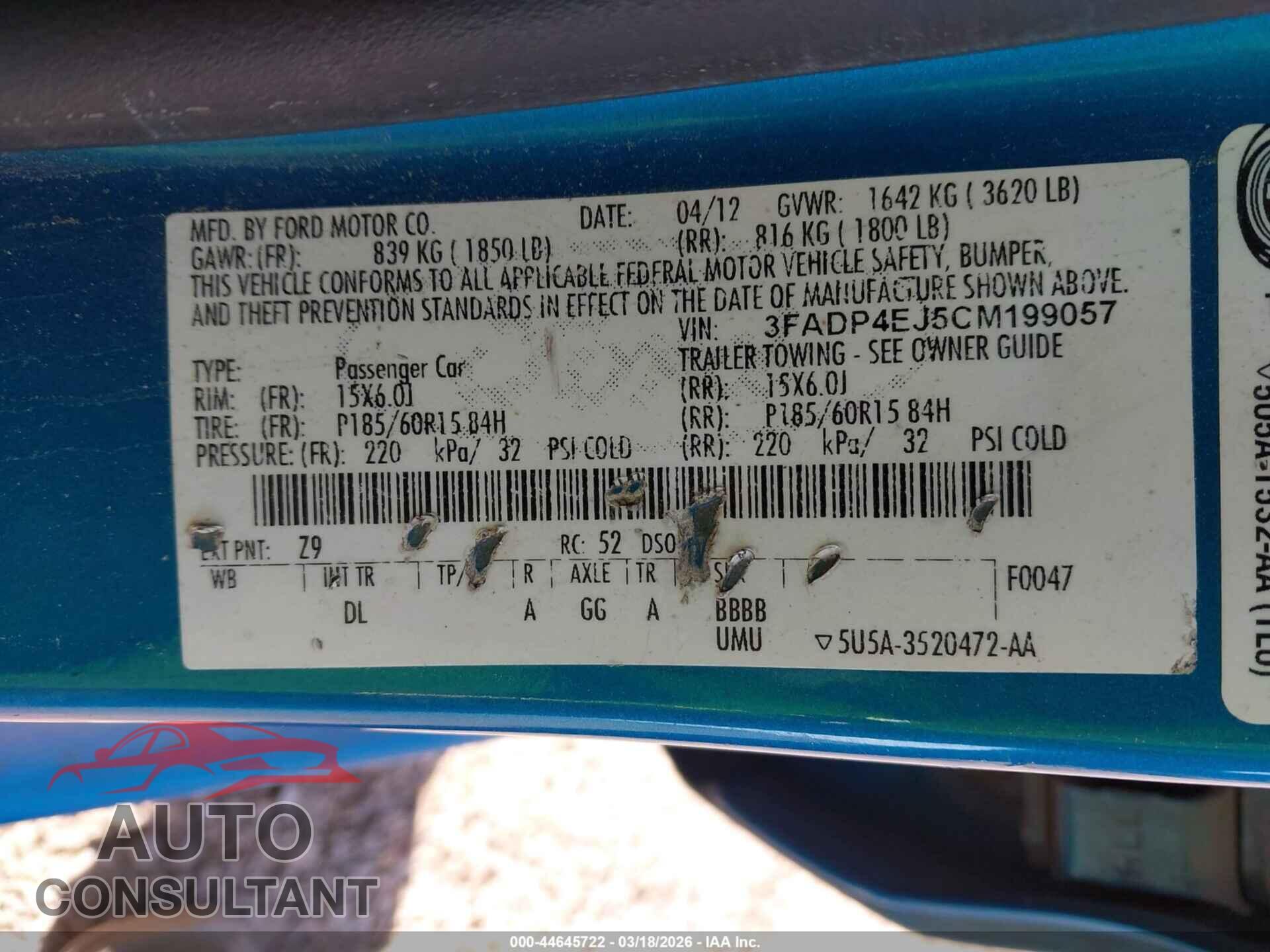 FORD FIESTA 2012 - 3FADP4EJ5CM199057