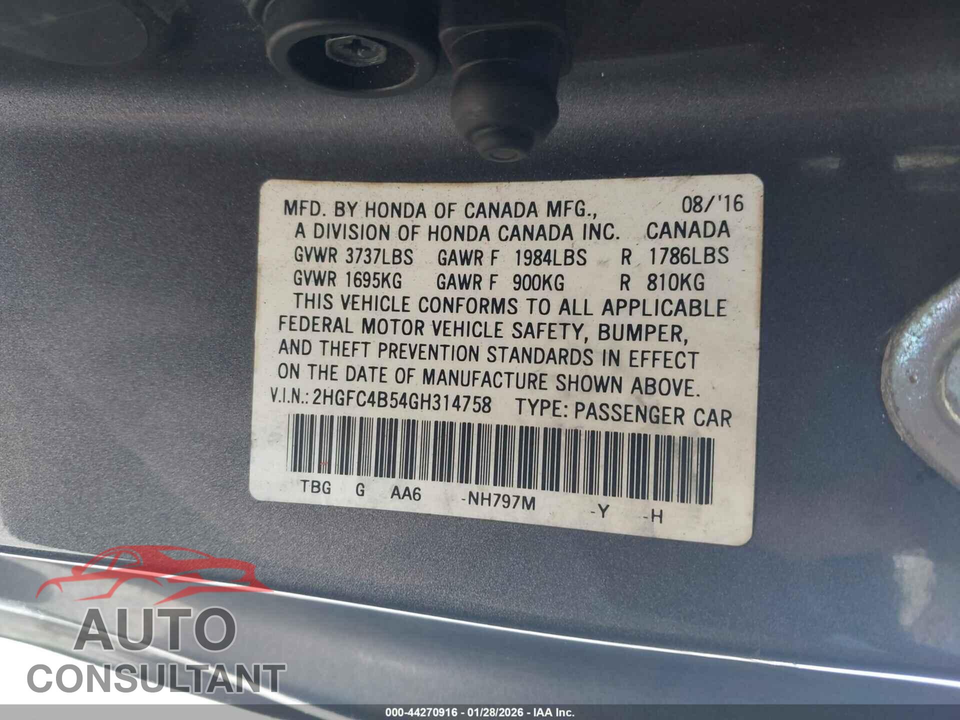 HONDA CIVIC 2016 - 2HGFC4B54GH314758