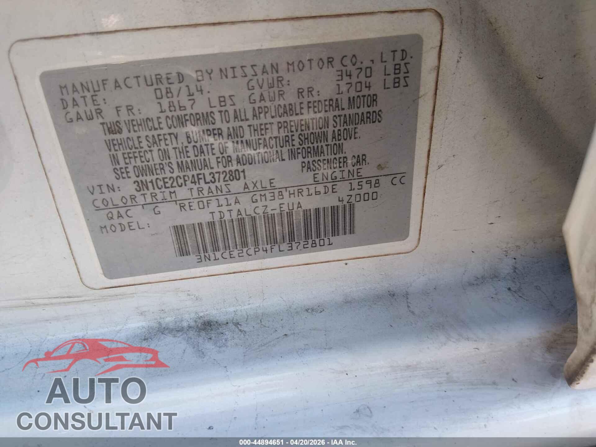 NISSAN VERSA NOTE 2015 - 3N1CE2CP4FL372801