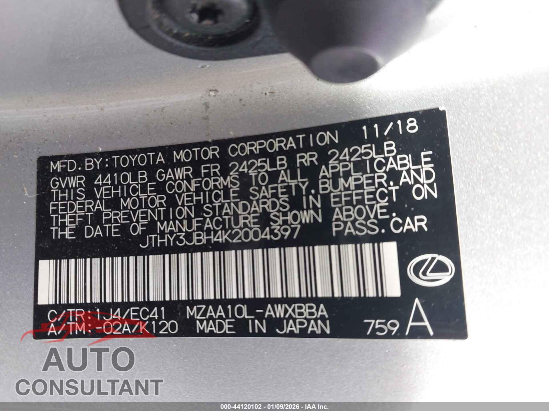 LEXUS UX 200 2019 - JTHY3JBH4K2004397