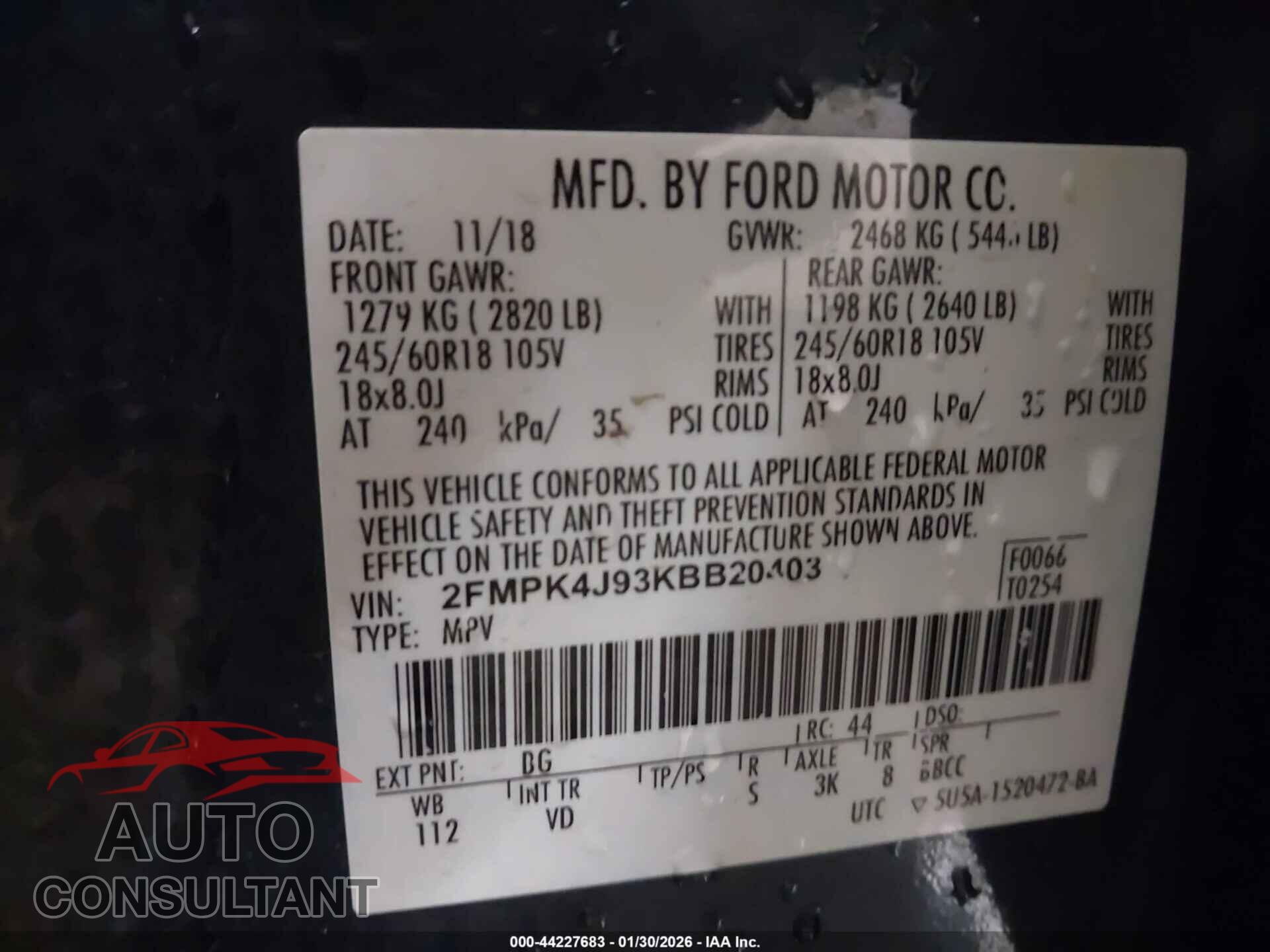 FORD EDGE 2019 - 2FMPK4J93KBB20403