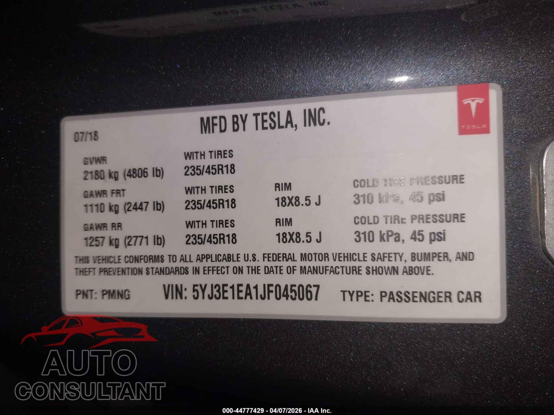 TESLA MODEL 3 2018 - 5YJ3E1EA1JF045067
