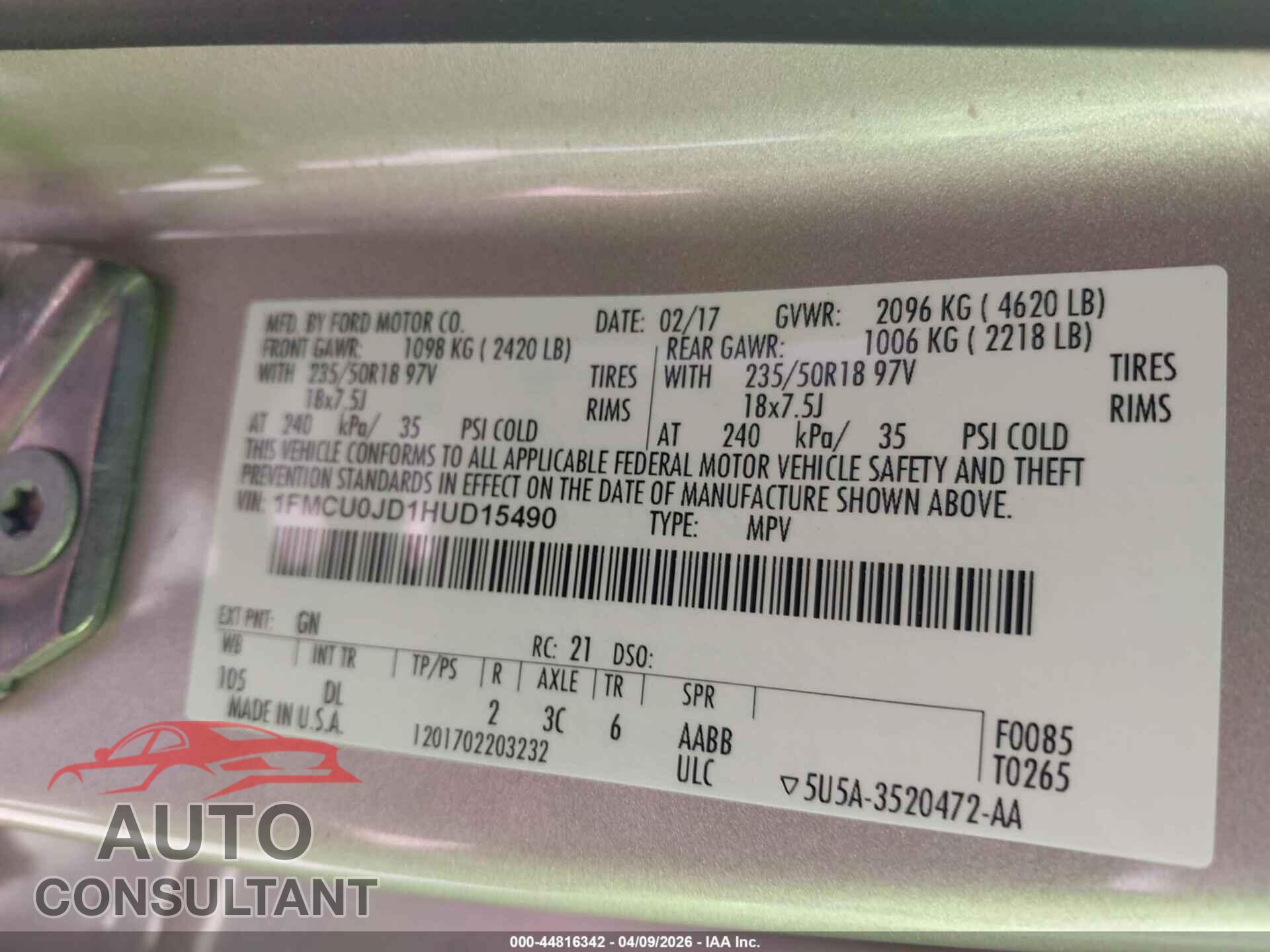 FORD ESCAPE 2017 - 1FMCU0JD1HUD15490