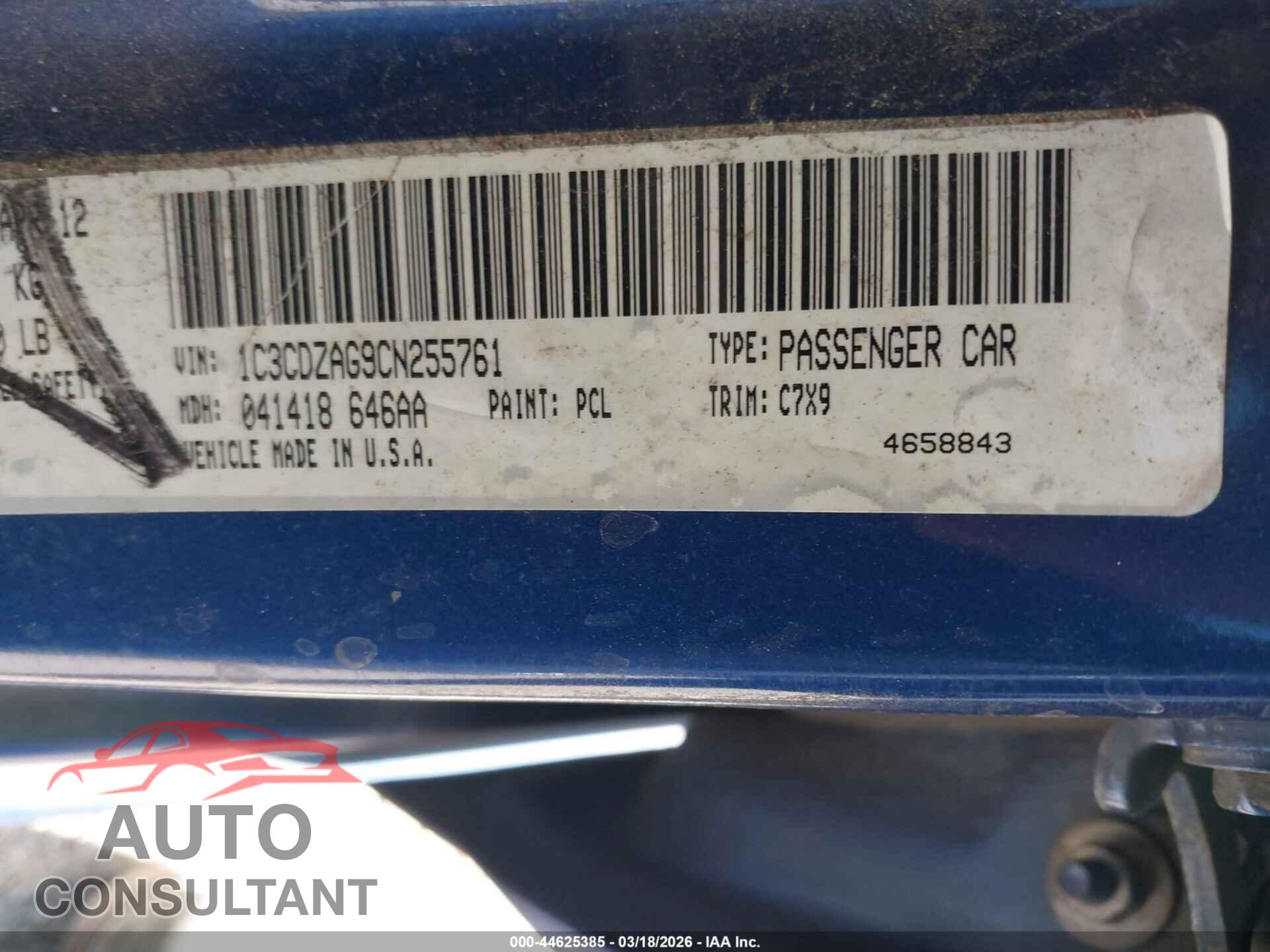 DODGE AVENGER 2012 - 1C3CDZAG9CN255761