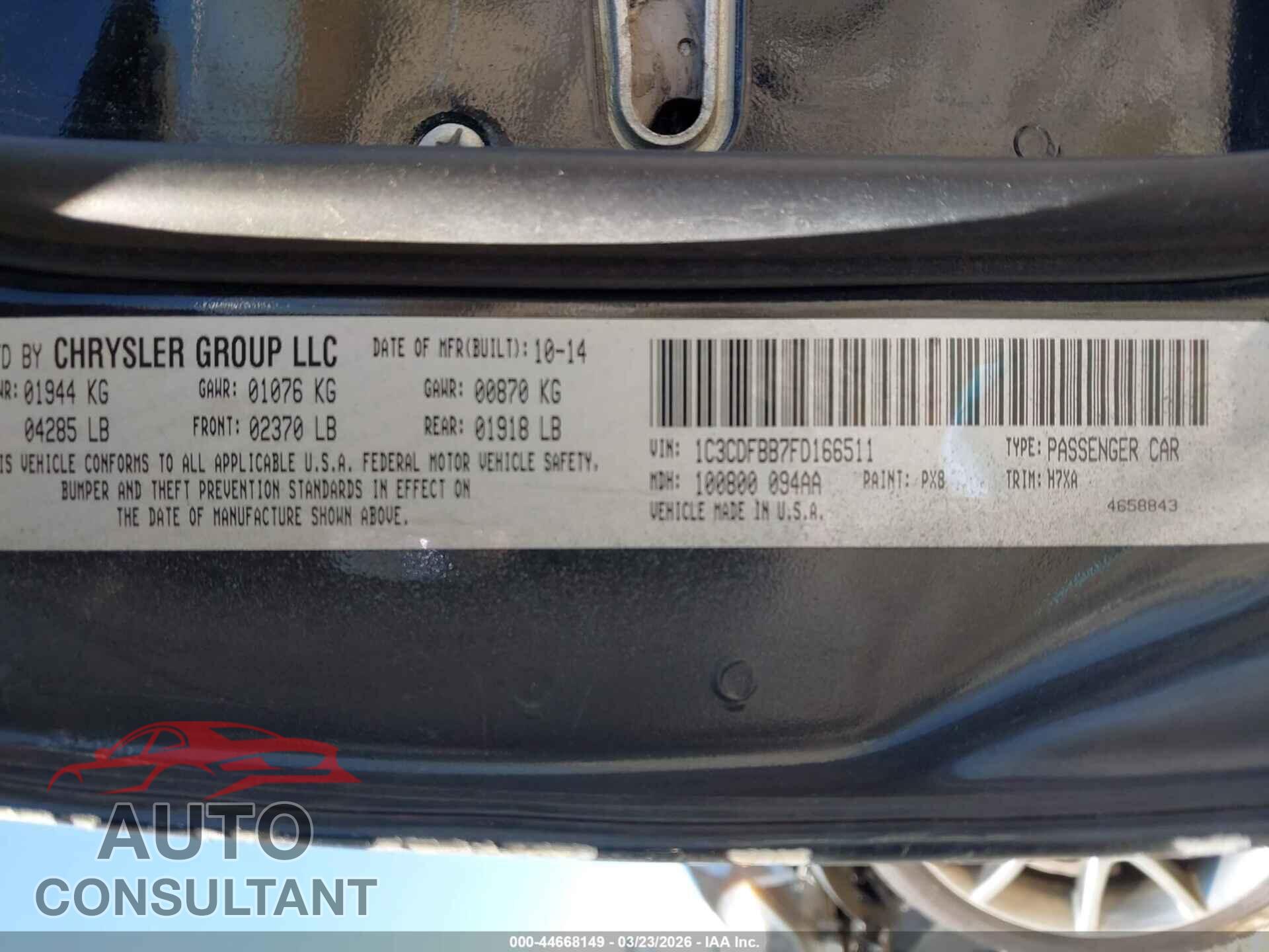 DODGE DART 2015 - 1C3CDFBB7FD166511