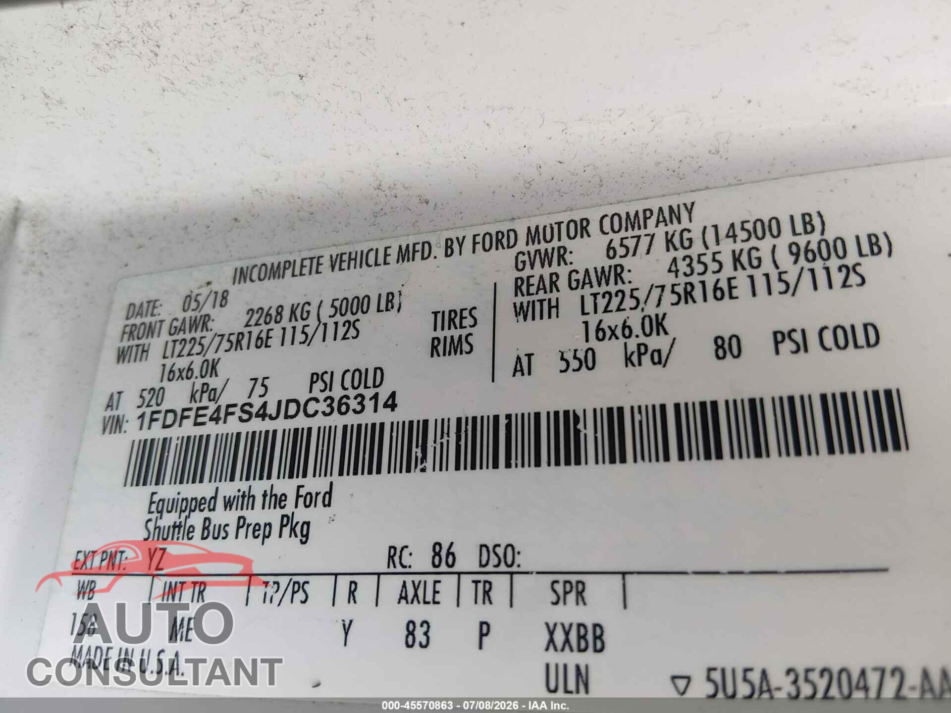 FORD E-450 CUTAWAY 2018 - 1FDFE4FS4JDC36314