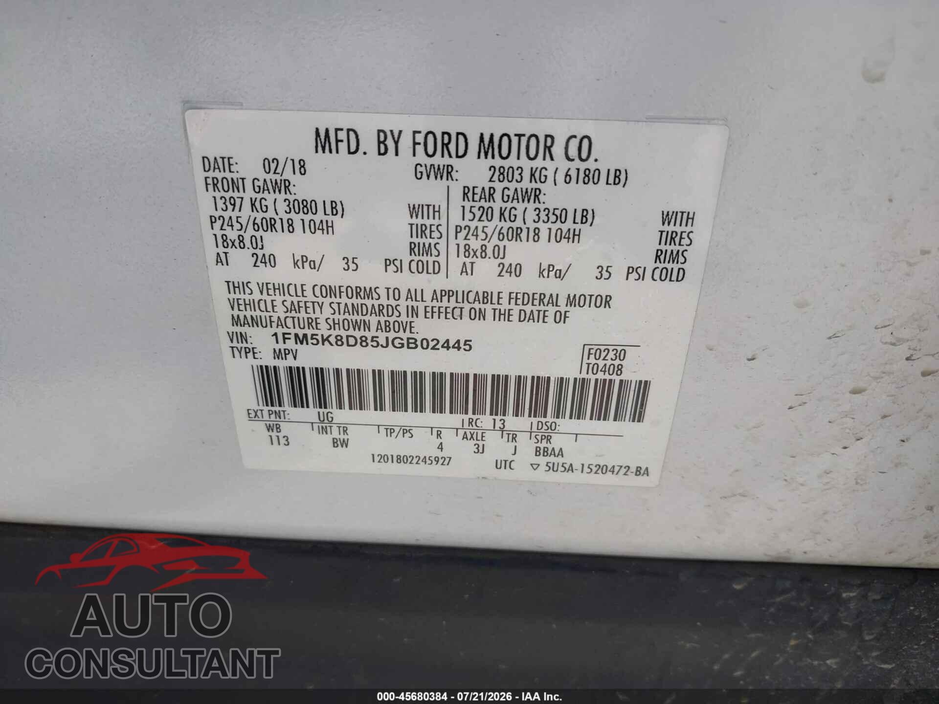 FORD EXPLORER 2018 - 1FM5K8D85JGB02445