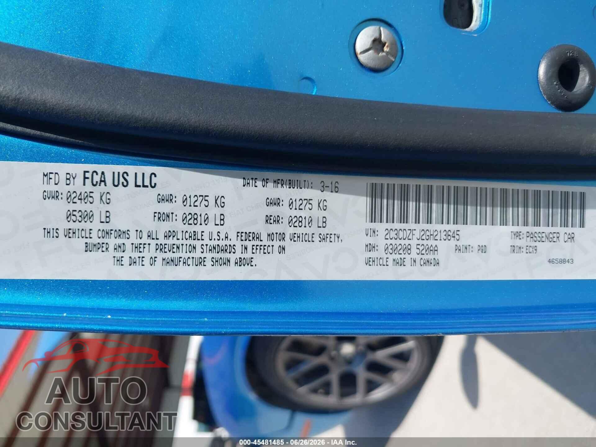 DODGE CHALLENGER 2016 - 2C3CDZFJ2GH213645