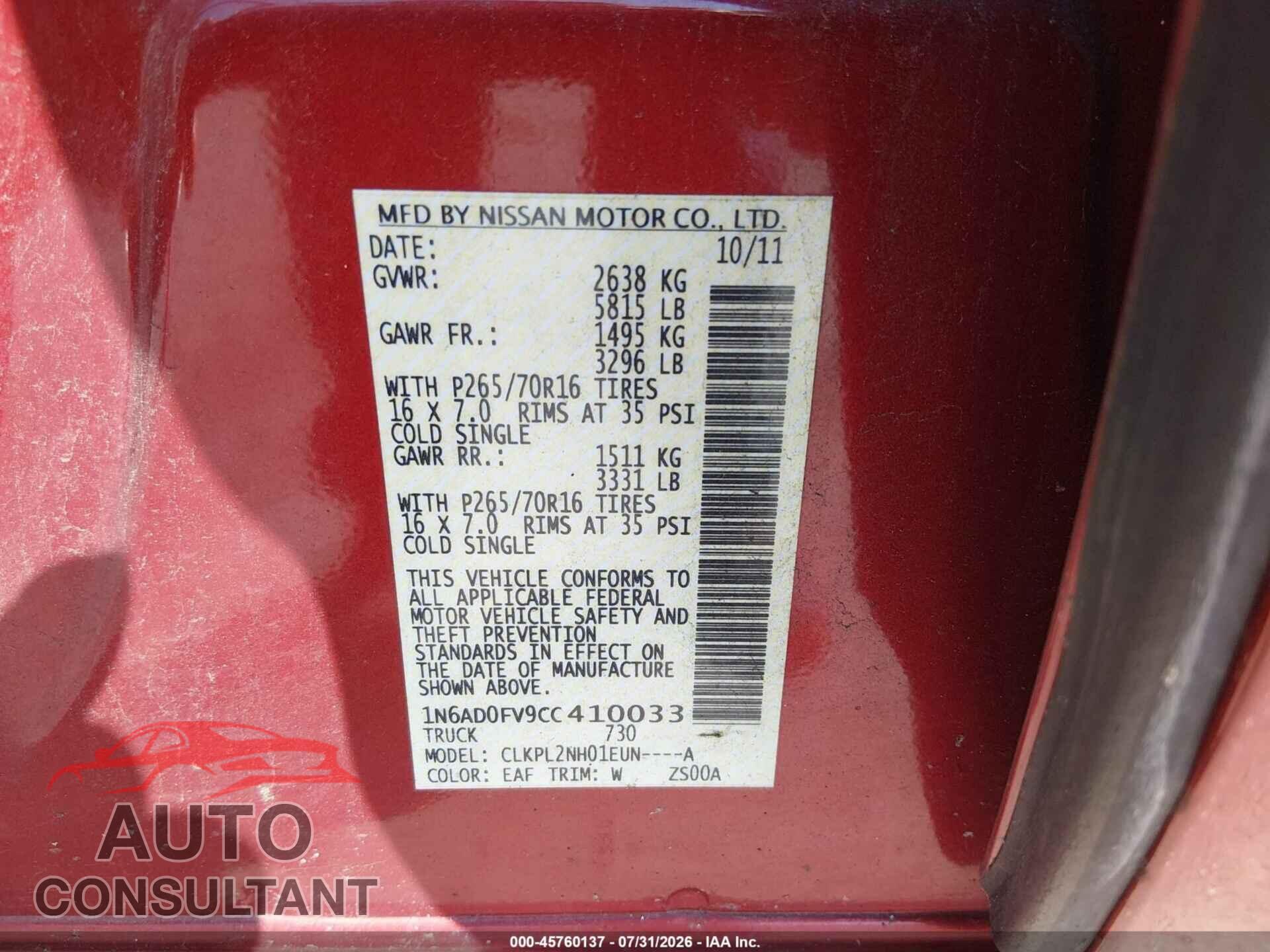 NISSAN FRONTIER 2012 - 1N6AD0FV9CC410033