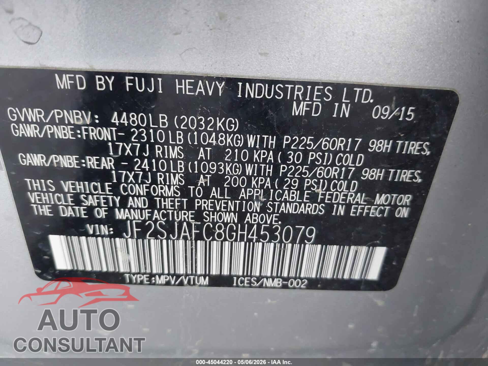 SUBARU FORESTER 2016 - JF2SJAFC8GH453079