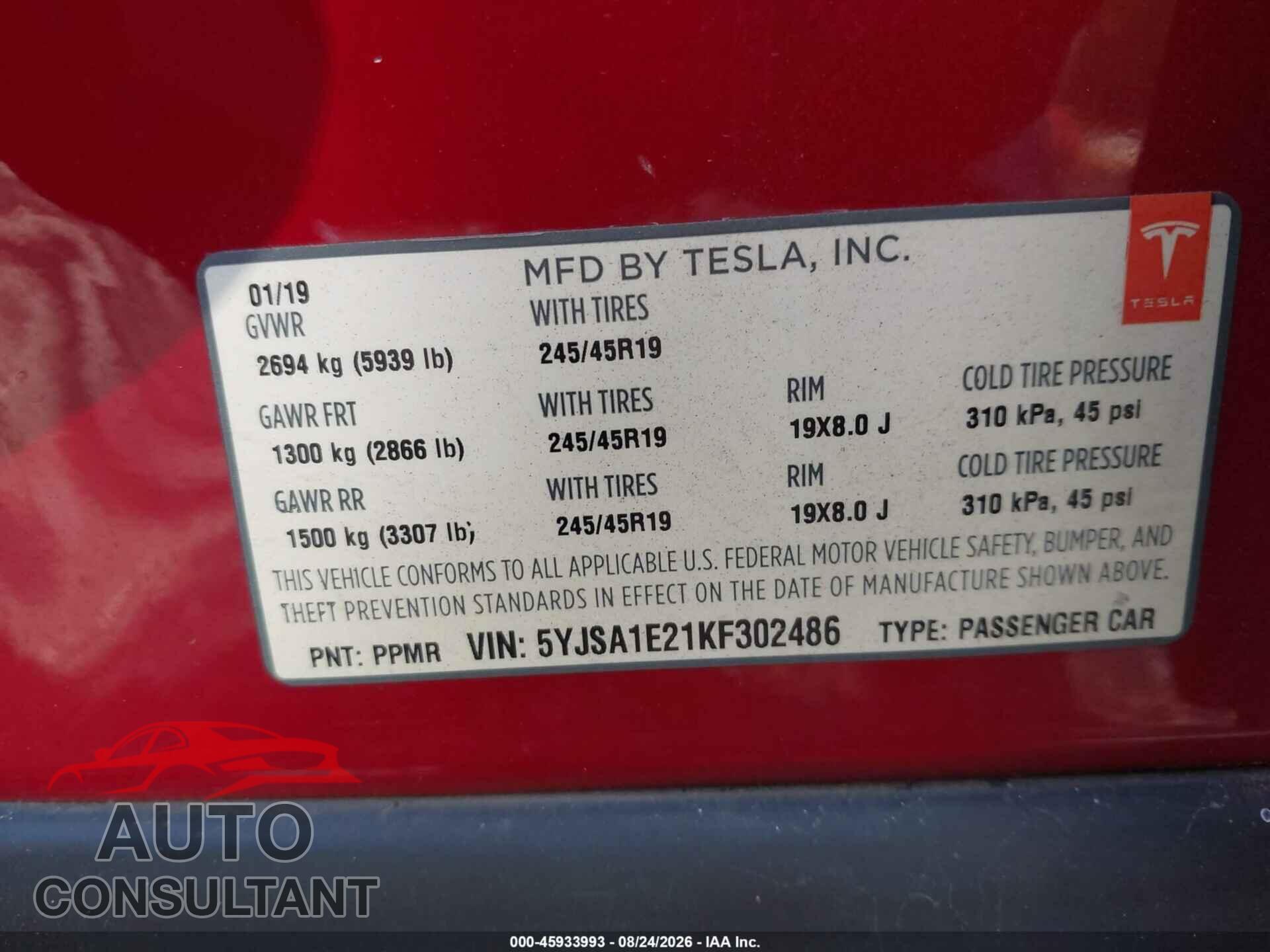 TESLA MODEL S 2019 - 5YJSA1E21KF302486