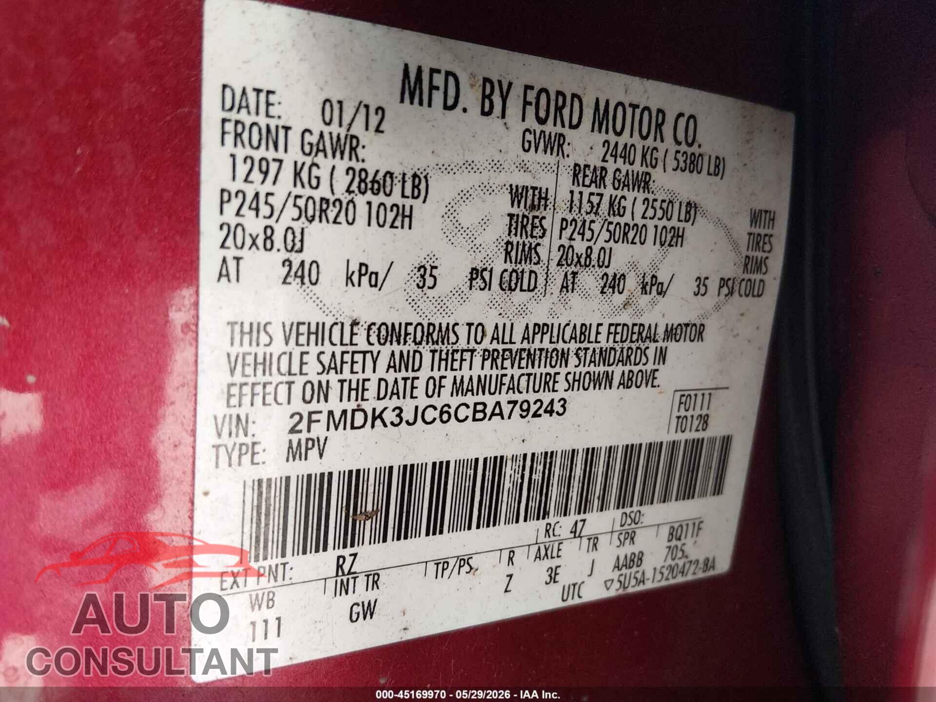 FORD EDGE 2012 - 2FMDK3JC6CBA79243