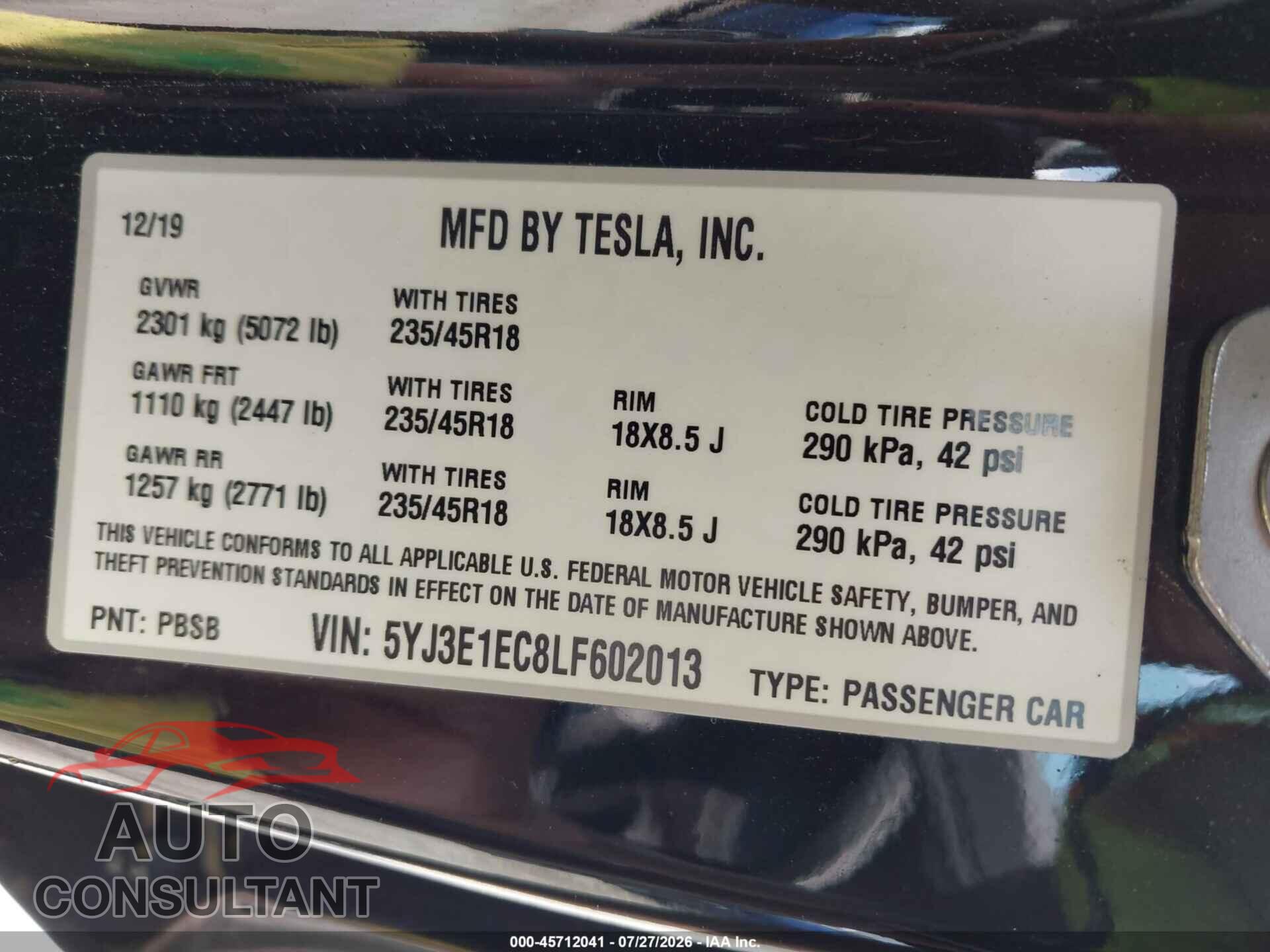TESLA MODEL 3 2020 - 5YJ3E1EC8LF602013