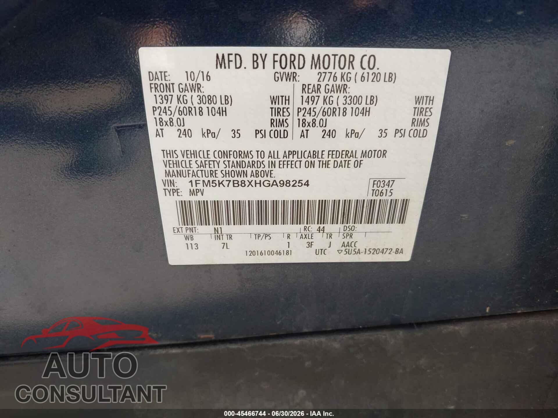 FORD EXPLORER 2017 - 1FM5K7B8XHGA98254
