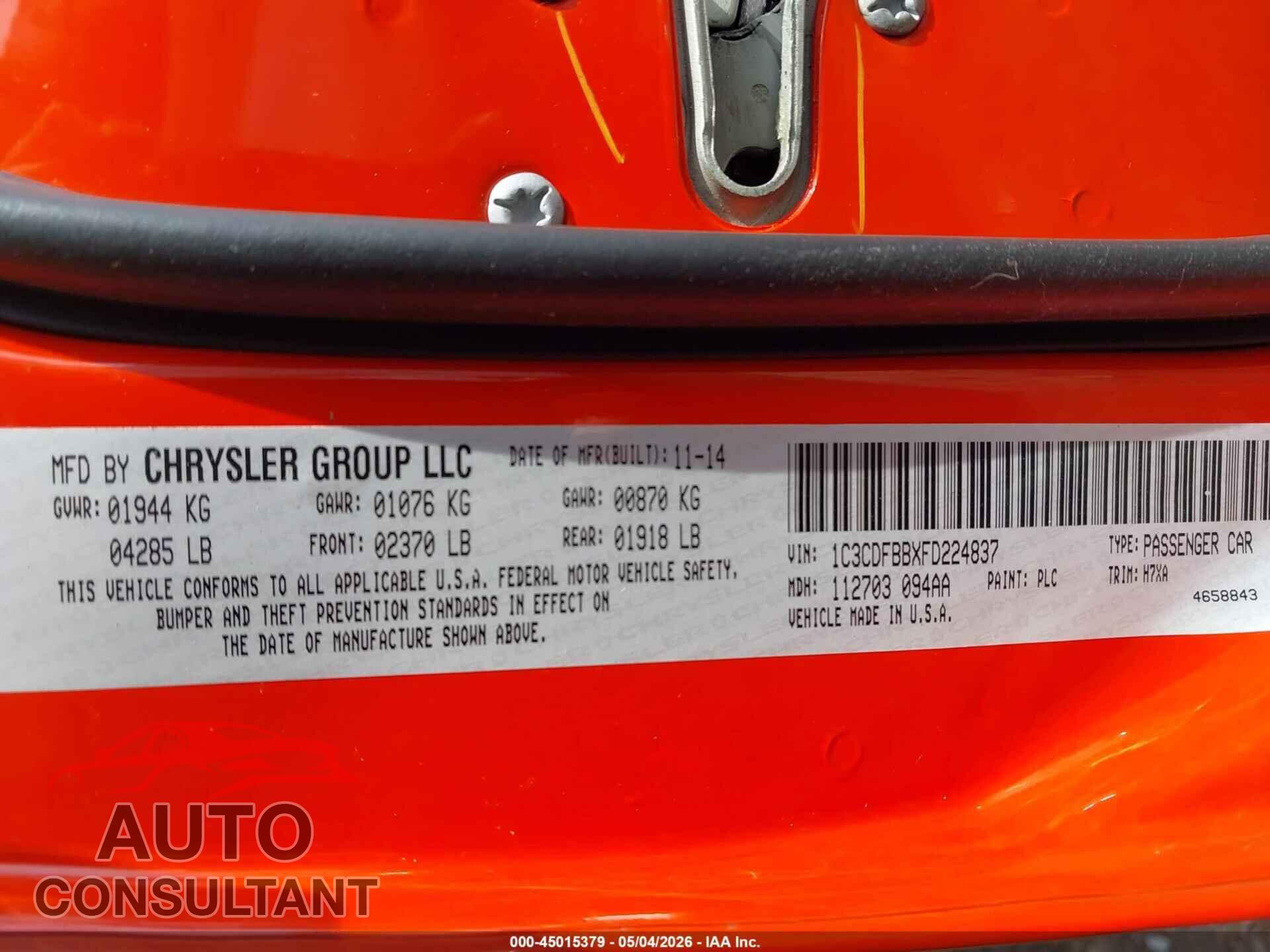 DODGE DART 2015 - 1C3CDFBBXFD224837