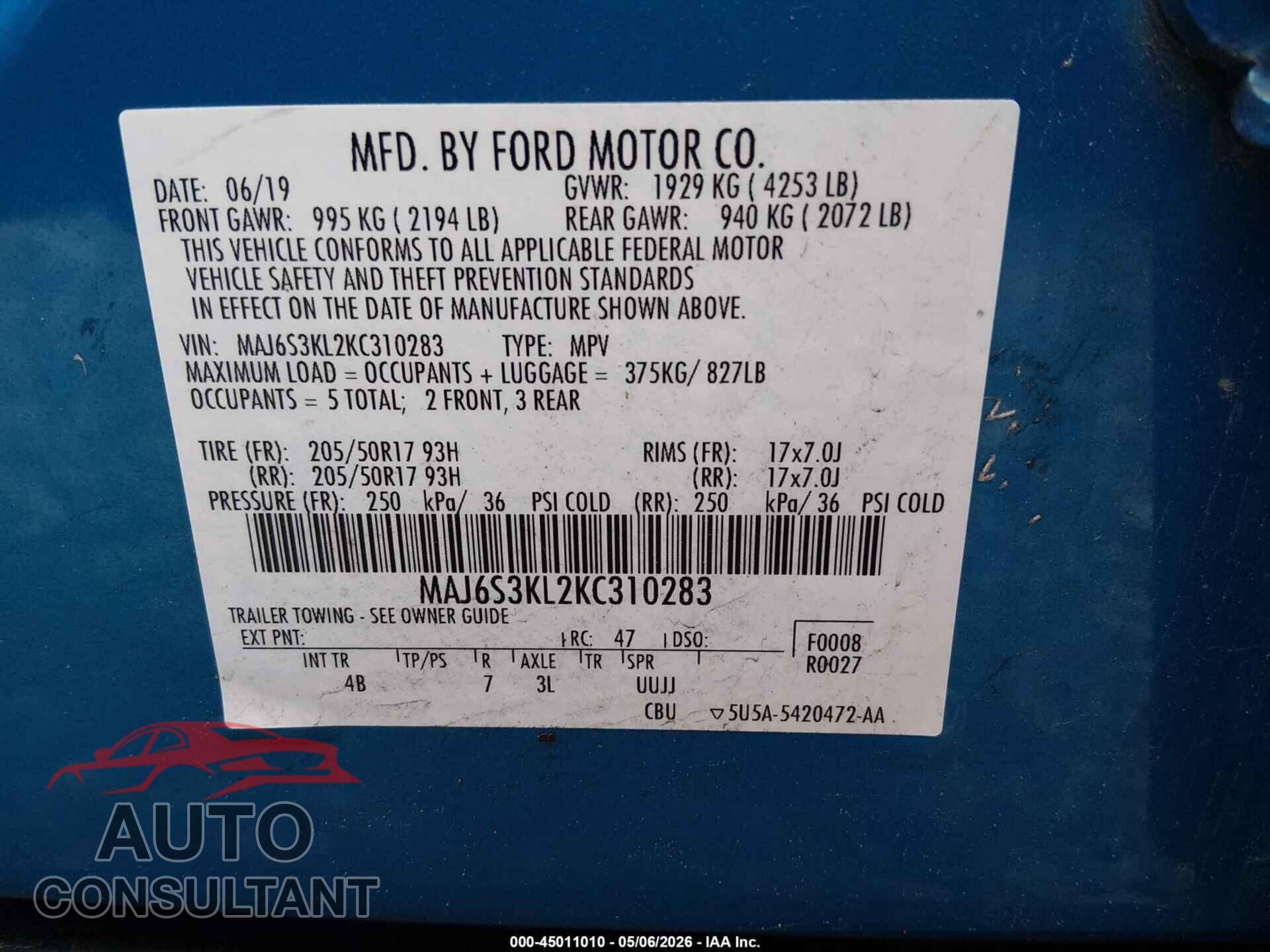 FORD ECOSPORT 2019 - MAJ6S3KL2KC310283