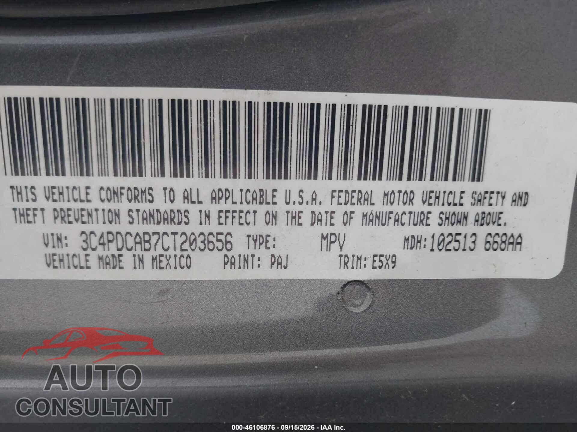 DODGE JOURNEY 2012 - 3C4PDCAB7CT203656