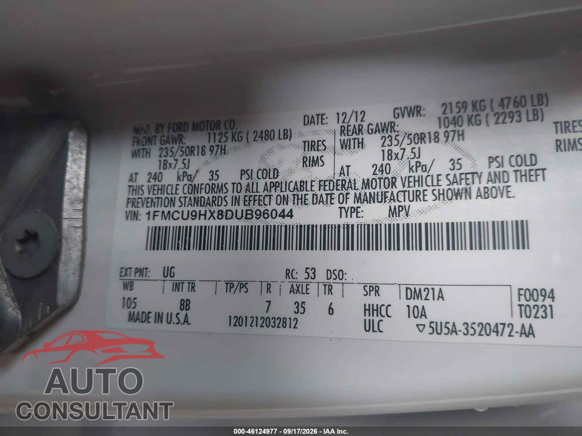 FORD ESCAPE 2013 - 1FMCU9HX8DUB96044
