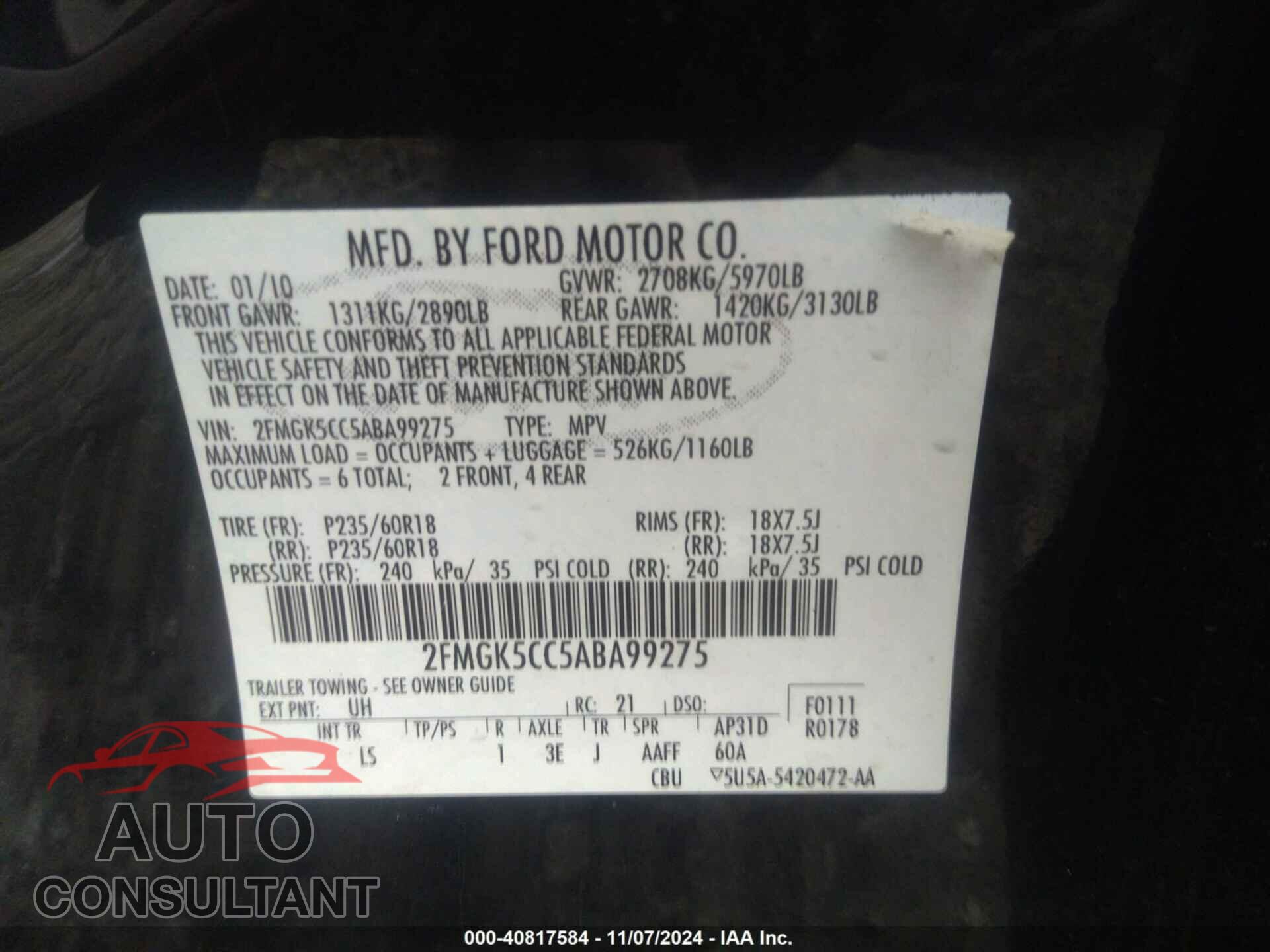 FORD FLEX 2010 - 2FMGK5CC5ABA99275