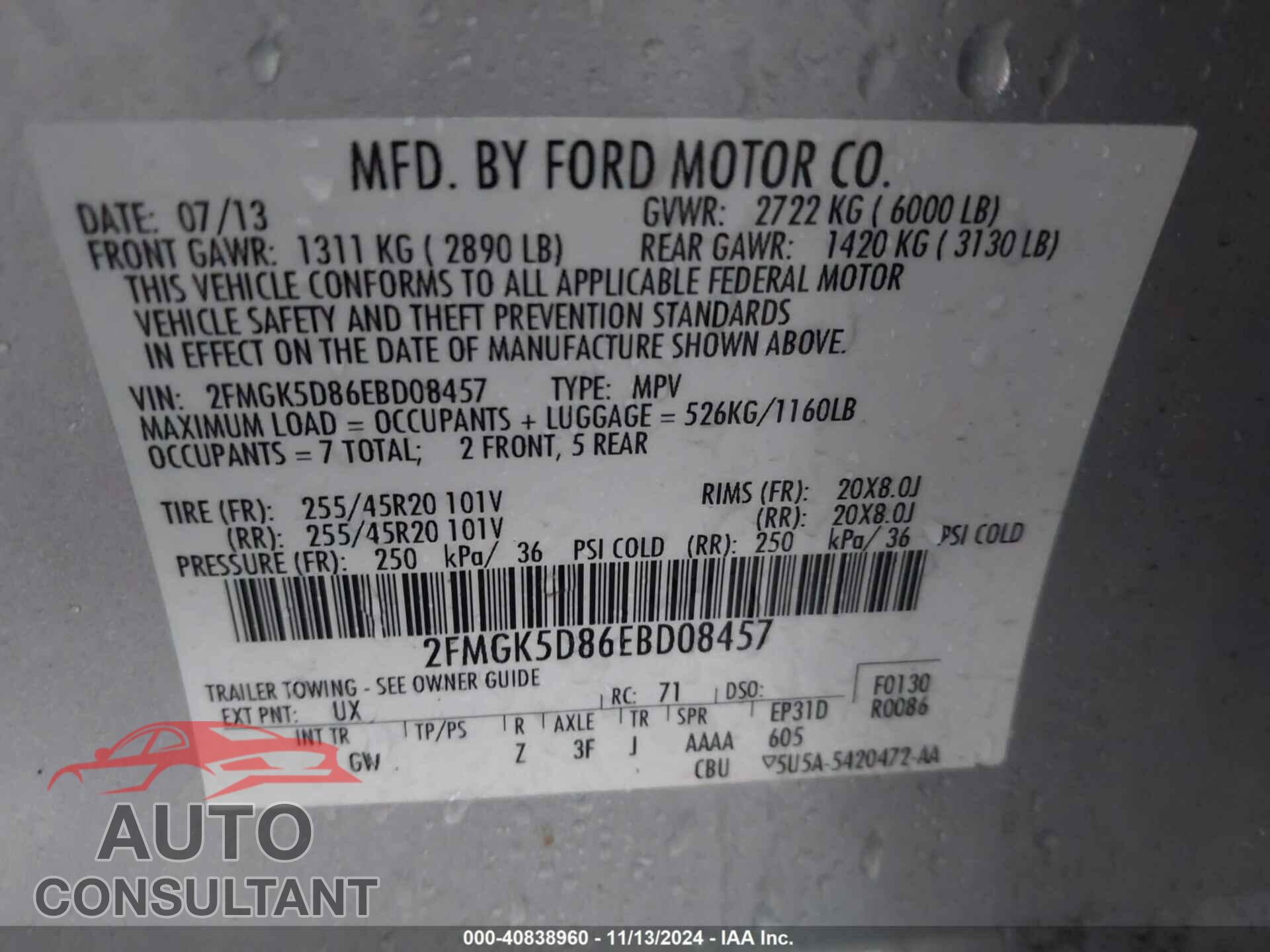 FORD FLEX 2014 - 2FMGK5D86EBD08457