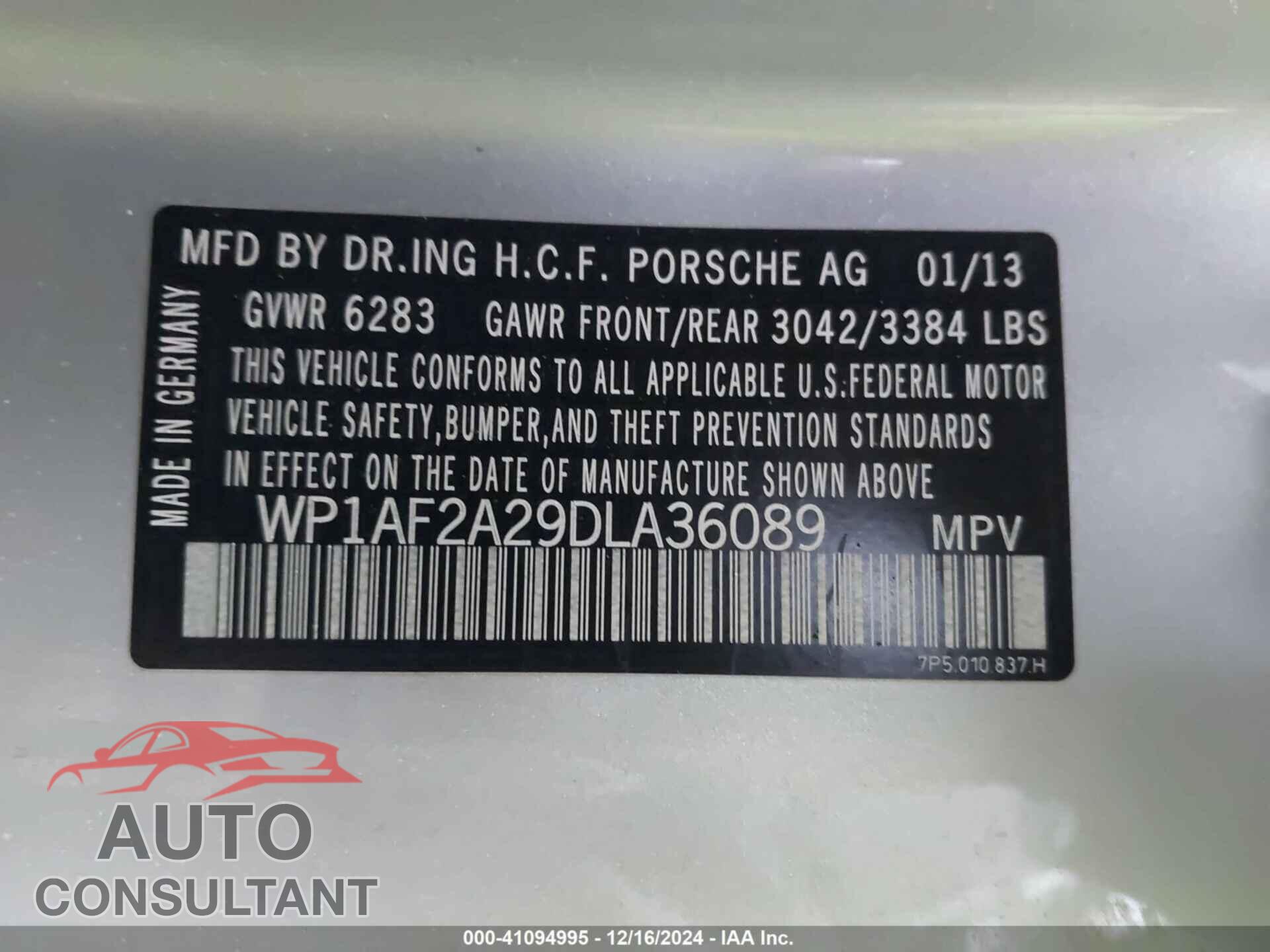 PORSCHE CAYENNE 2013 - WP1AF2A29DLA36089