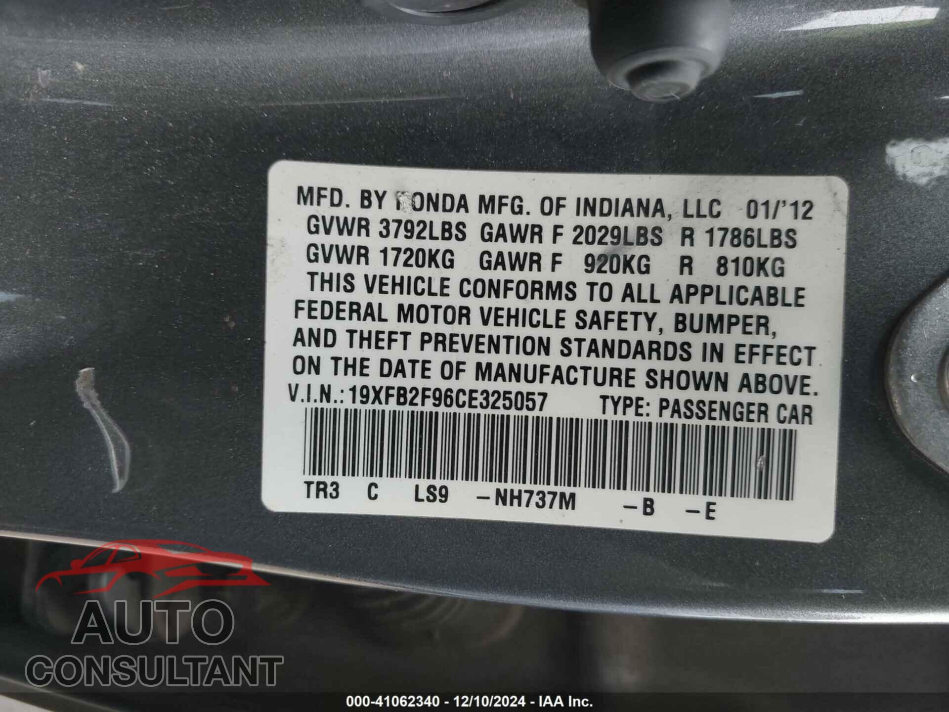 HONDA CIVIC 2012 - 19XFB2F96CE325057