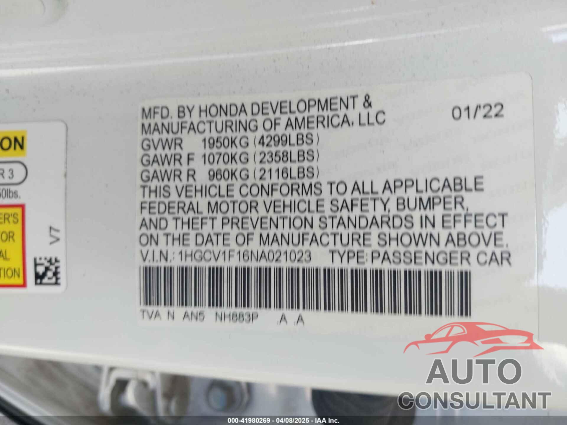HONDA ACCORD 2022 - 1HGCV1F16NA021023