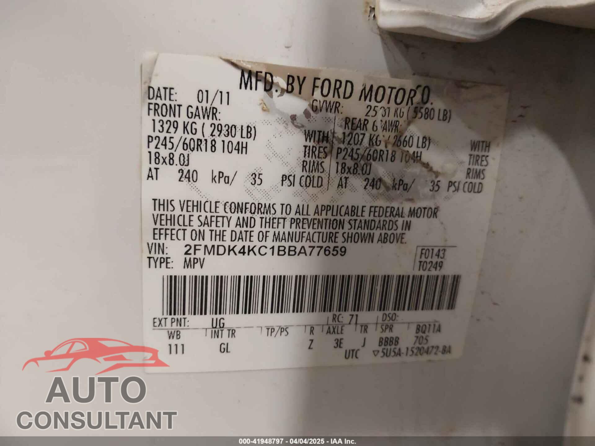 FORD EDGE 2011 - 2FMDK4KC1BBA77659