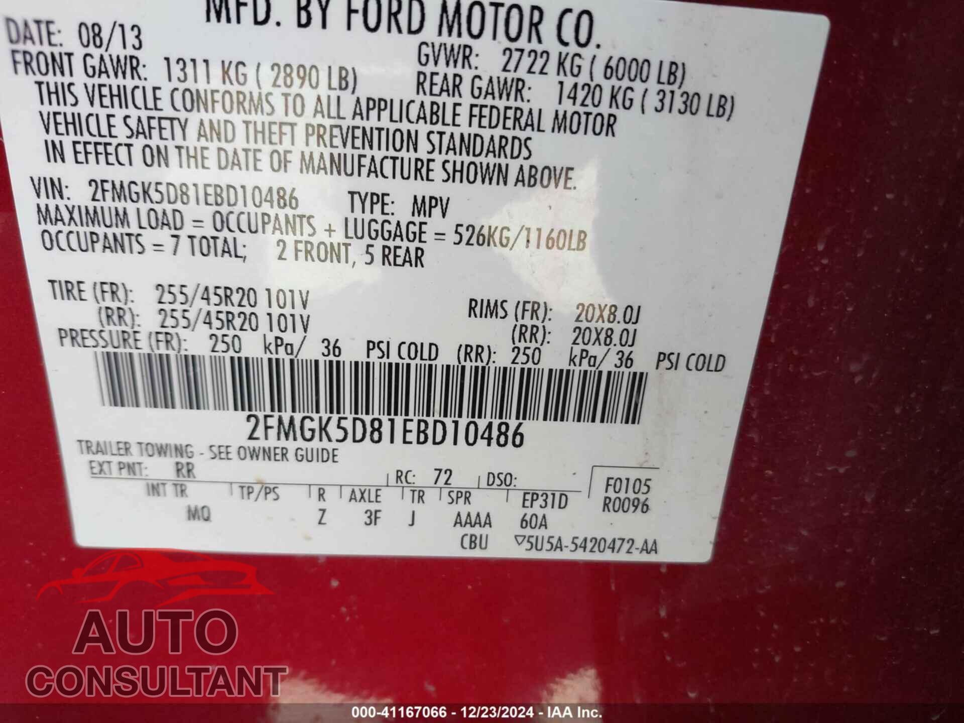 FORD FLEX 2014 - 2FMGK5D81EBD10486