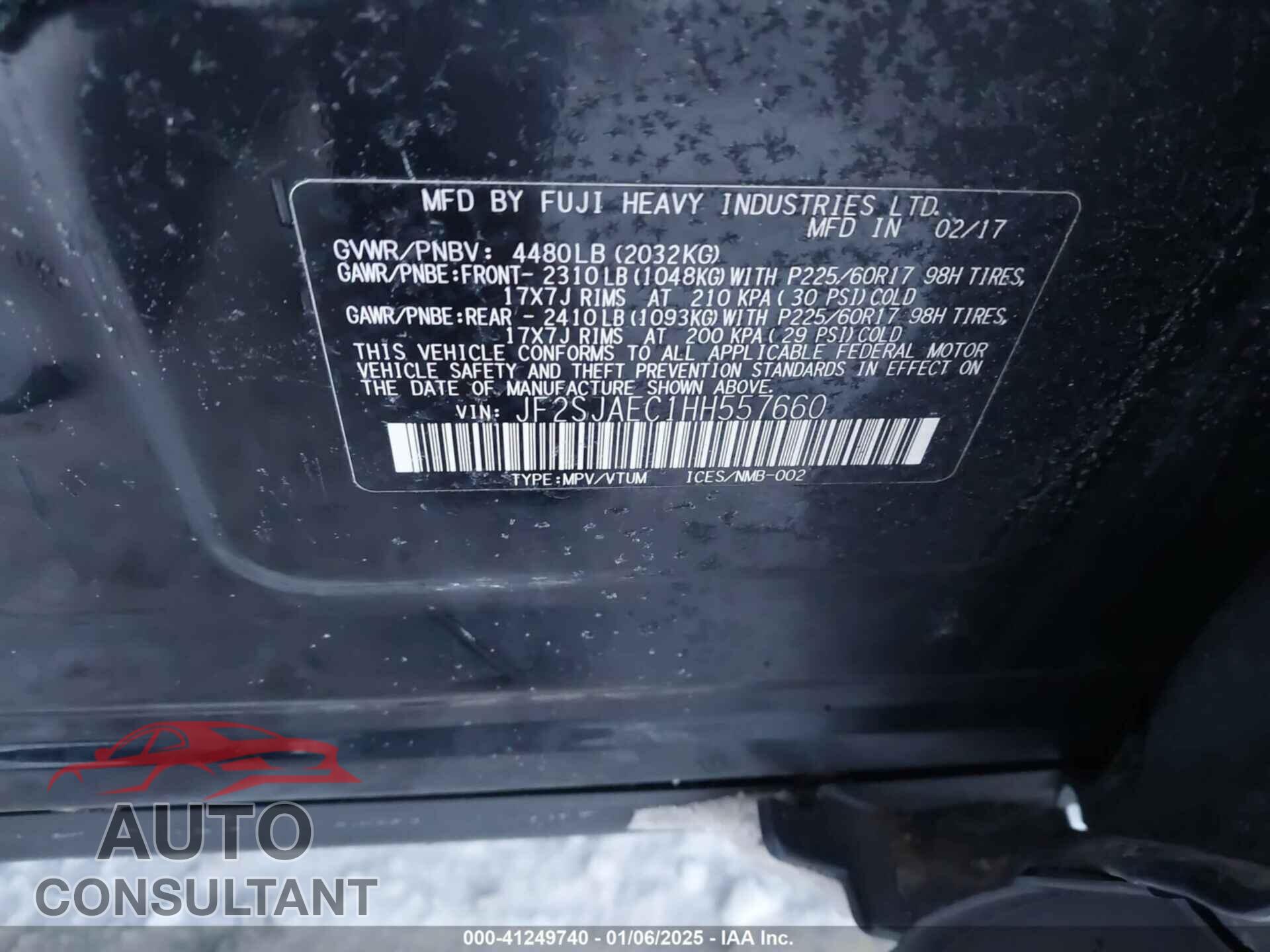 SUBARU FORESTER 2017 - JF2SJAEC1HH557660