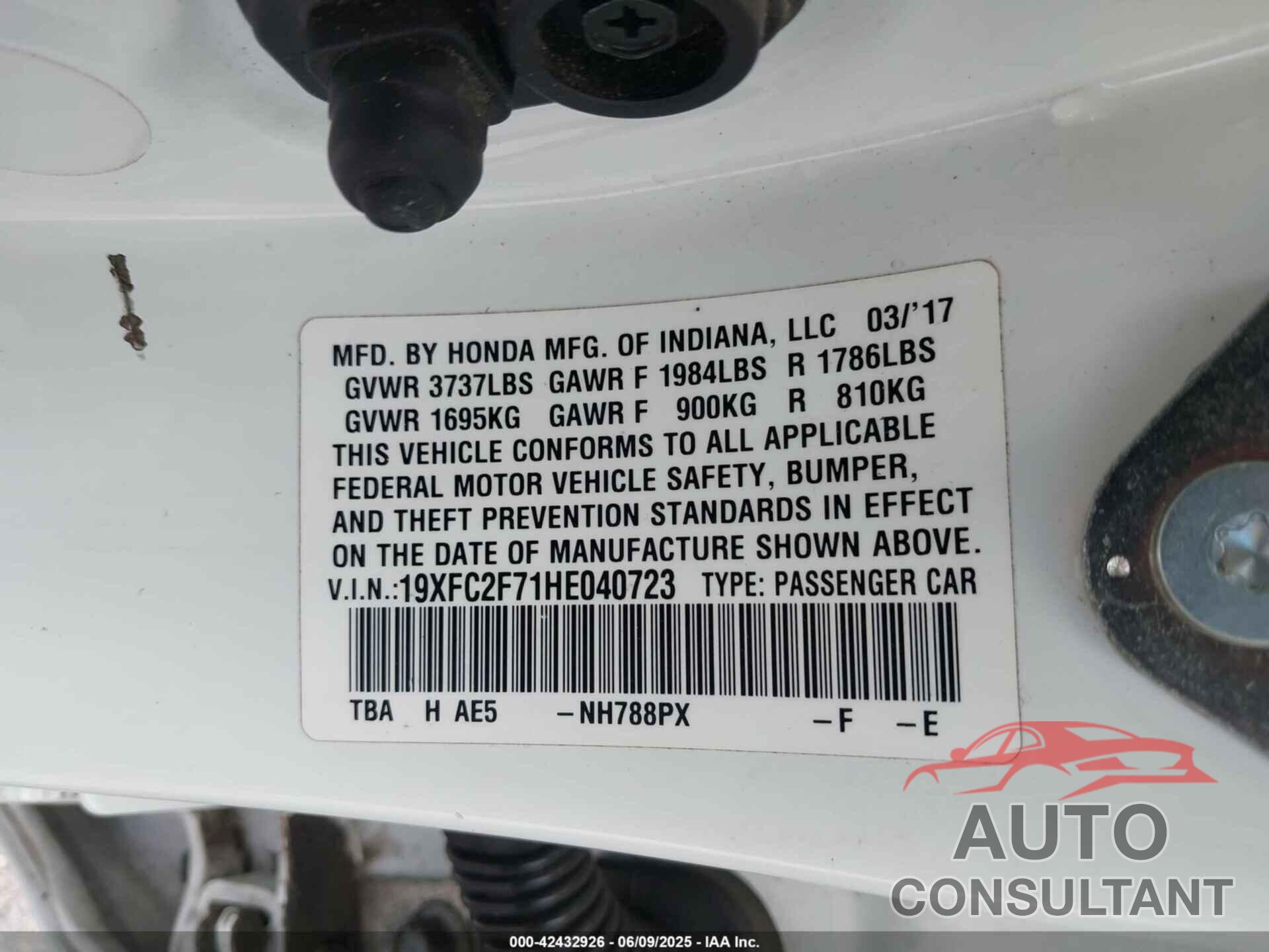 HONDA CIVIC 2017 - 19XFC2F71HE040723