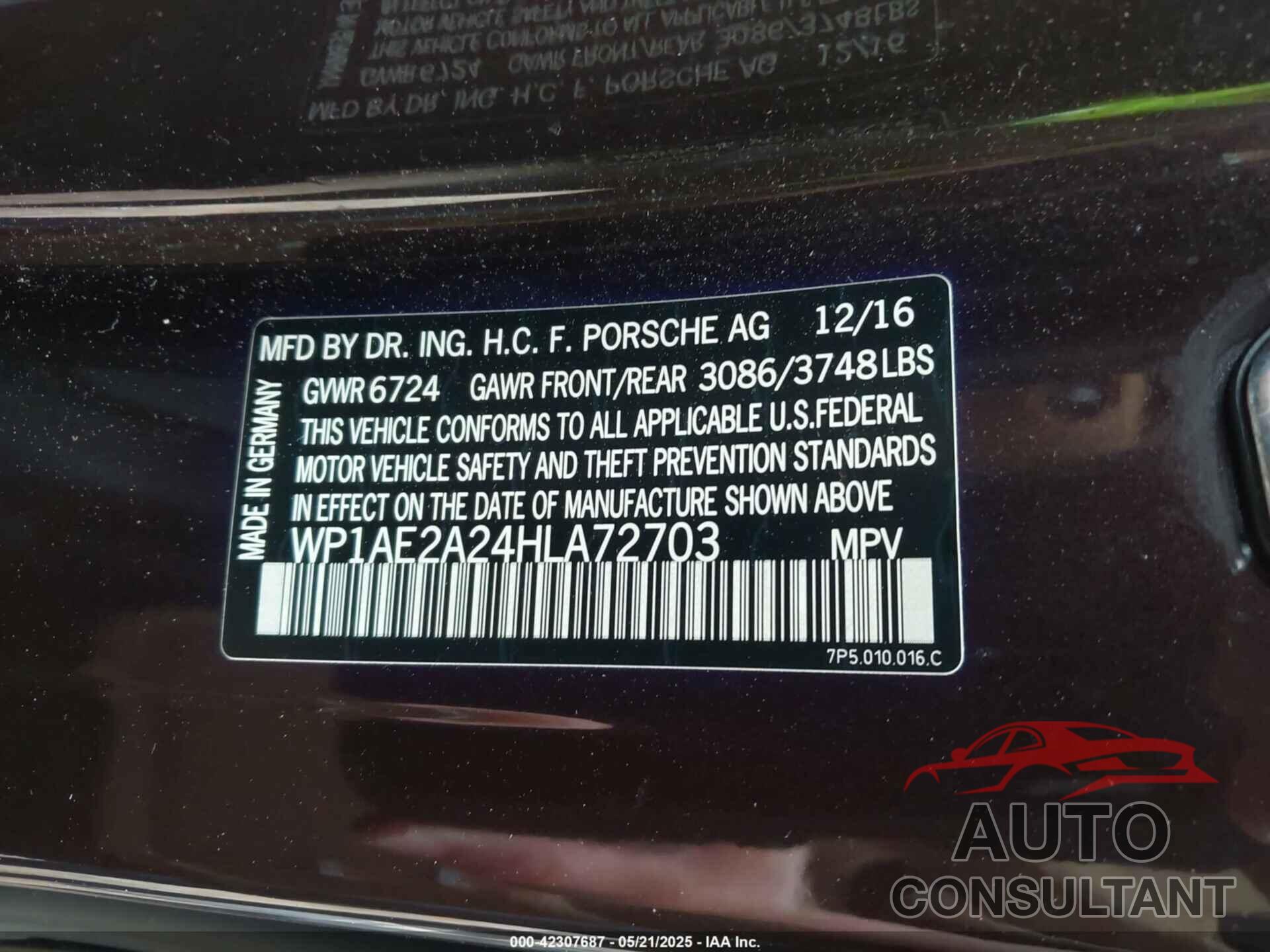 PORSCHE CAYENNE E-HYBRID 2017 - WP1AE2A24HLA72703