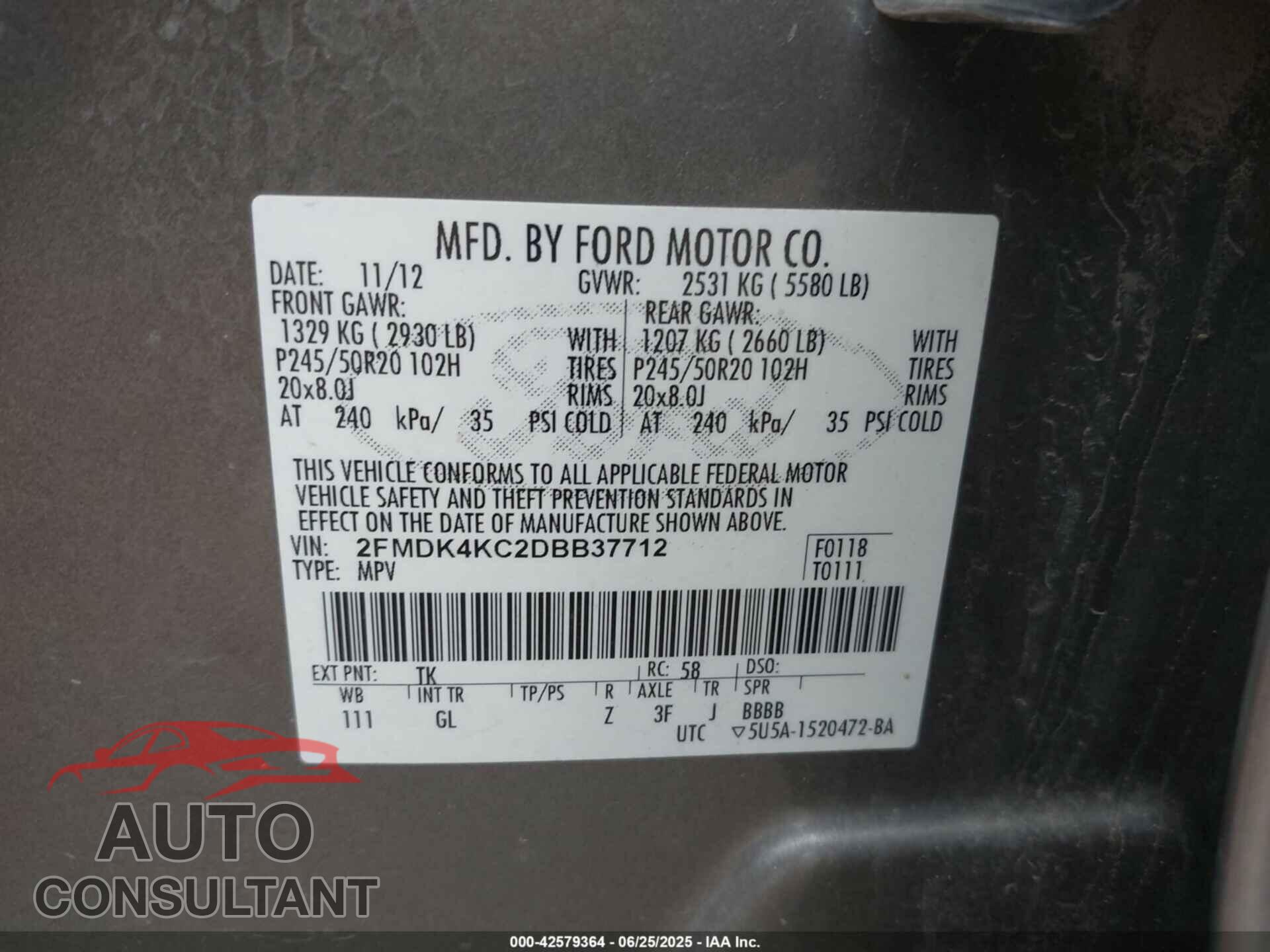 FORD EDGE 2013 - 2FMDK4KC2DBB37712