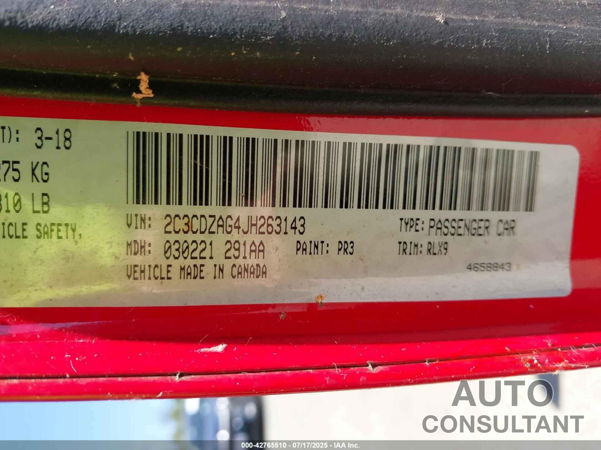 DODGE CHALLENGER 2018 - 2C3CDZAG4JH263143