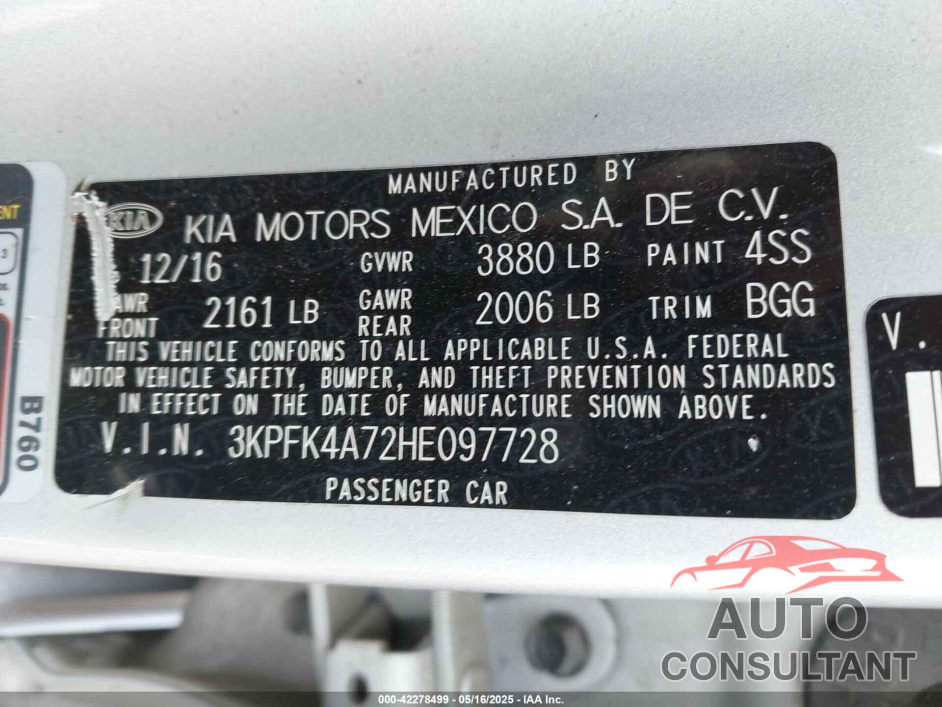 KIA FORTE 2017 - 3KPFK4A72HE097728