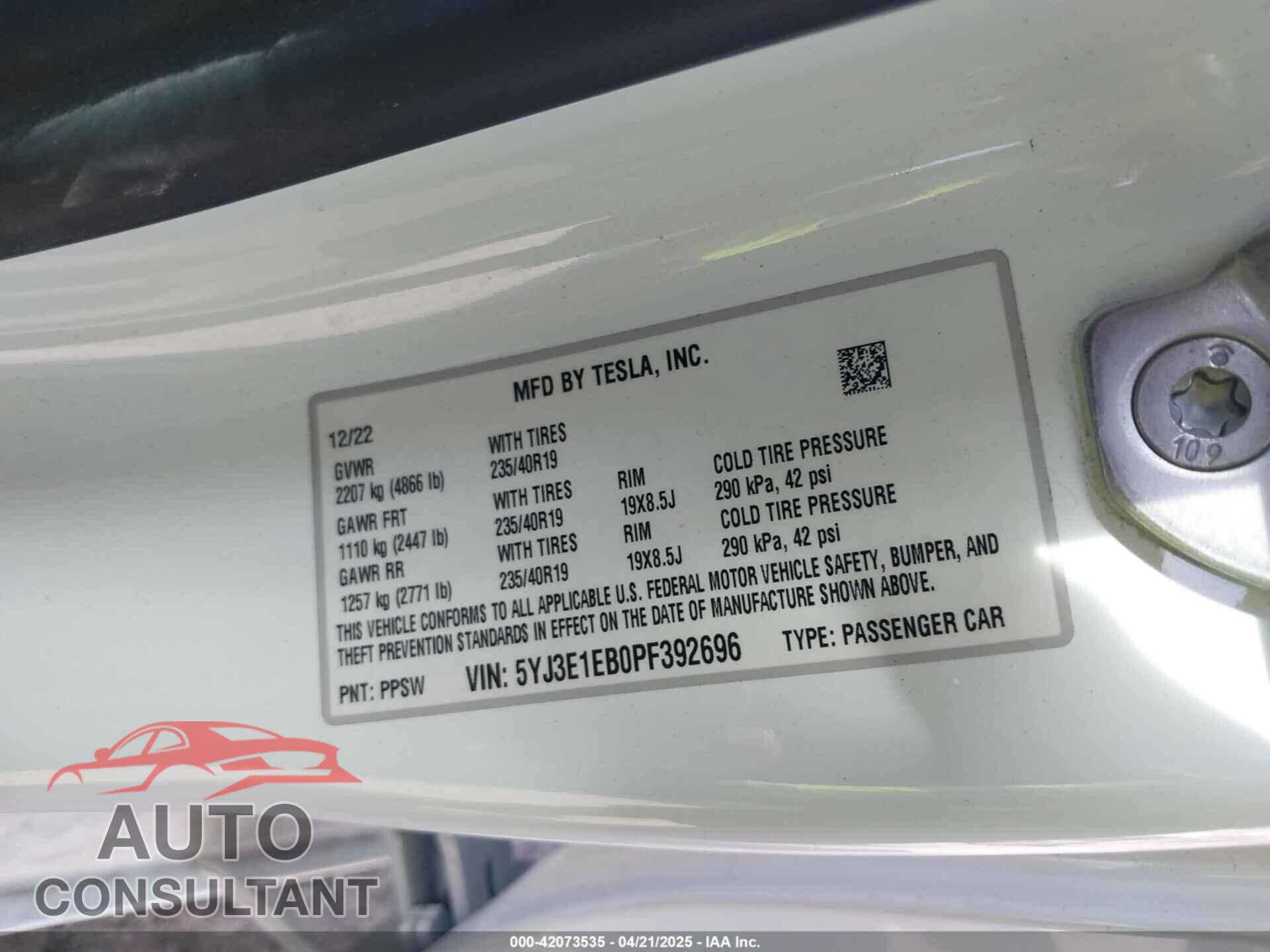 TESLA MODEL 3 2023 - 5YJ3E1EB0PF392696