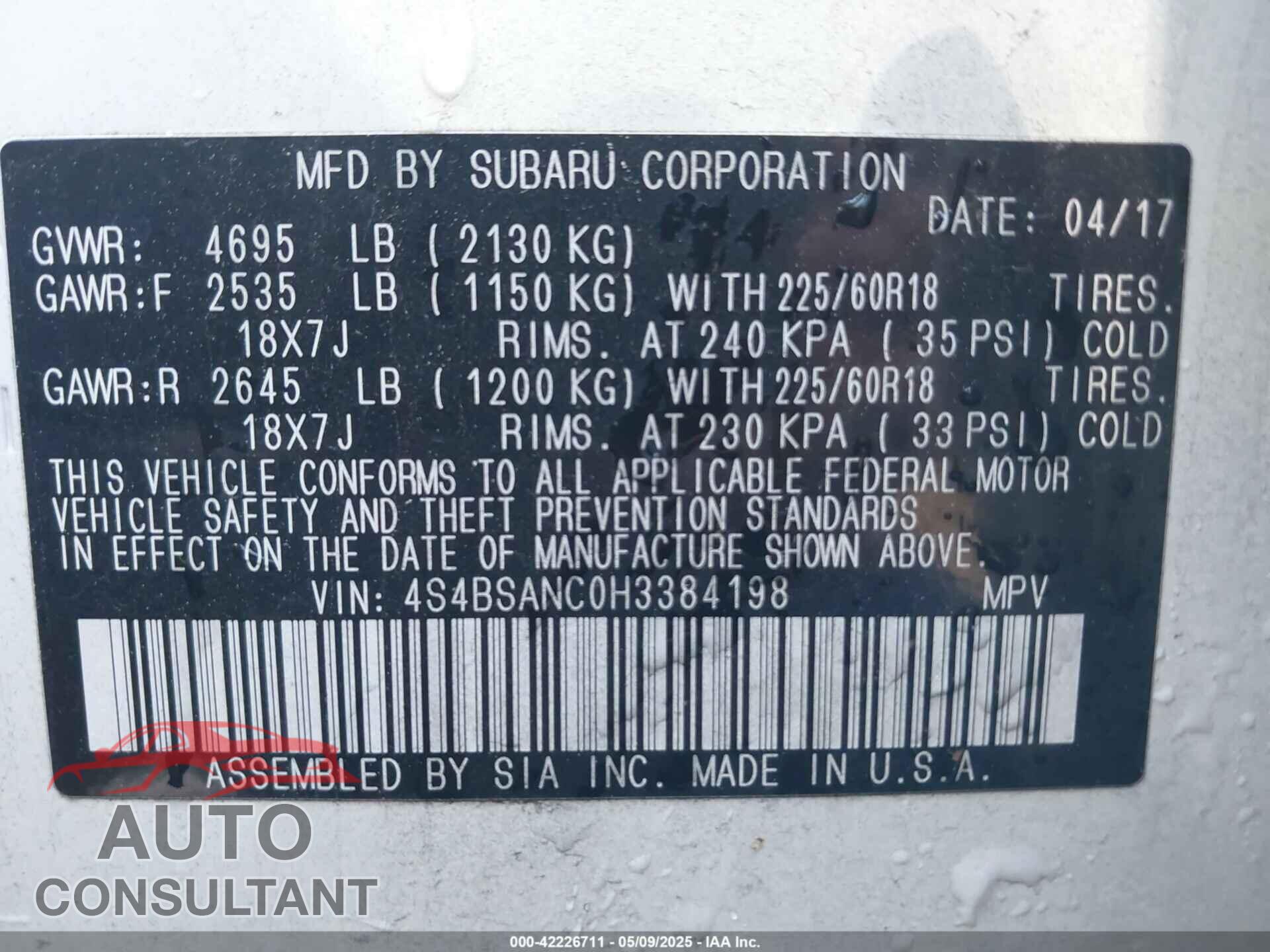 SUBARU OUTBACK 2017 - 4S4BSANC0H3384198