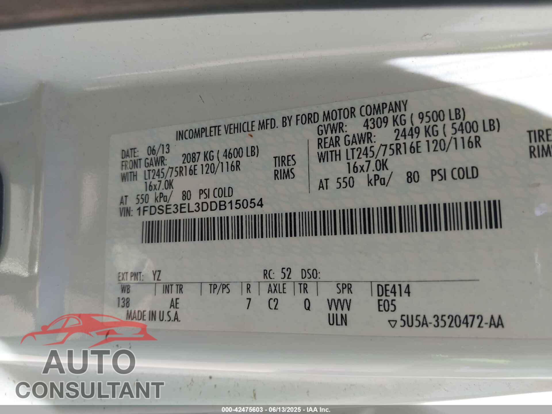 FORD E-350 SUPER DUTY 2013 - 1FDSE3EL3DDB15054