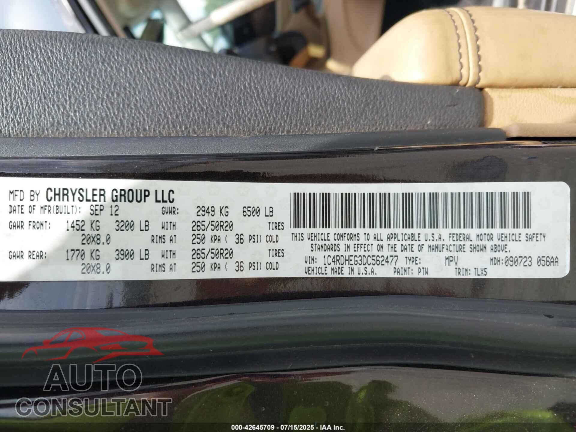 DODGE DURANGO 2013 - 1C4RDHEG3DC562477