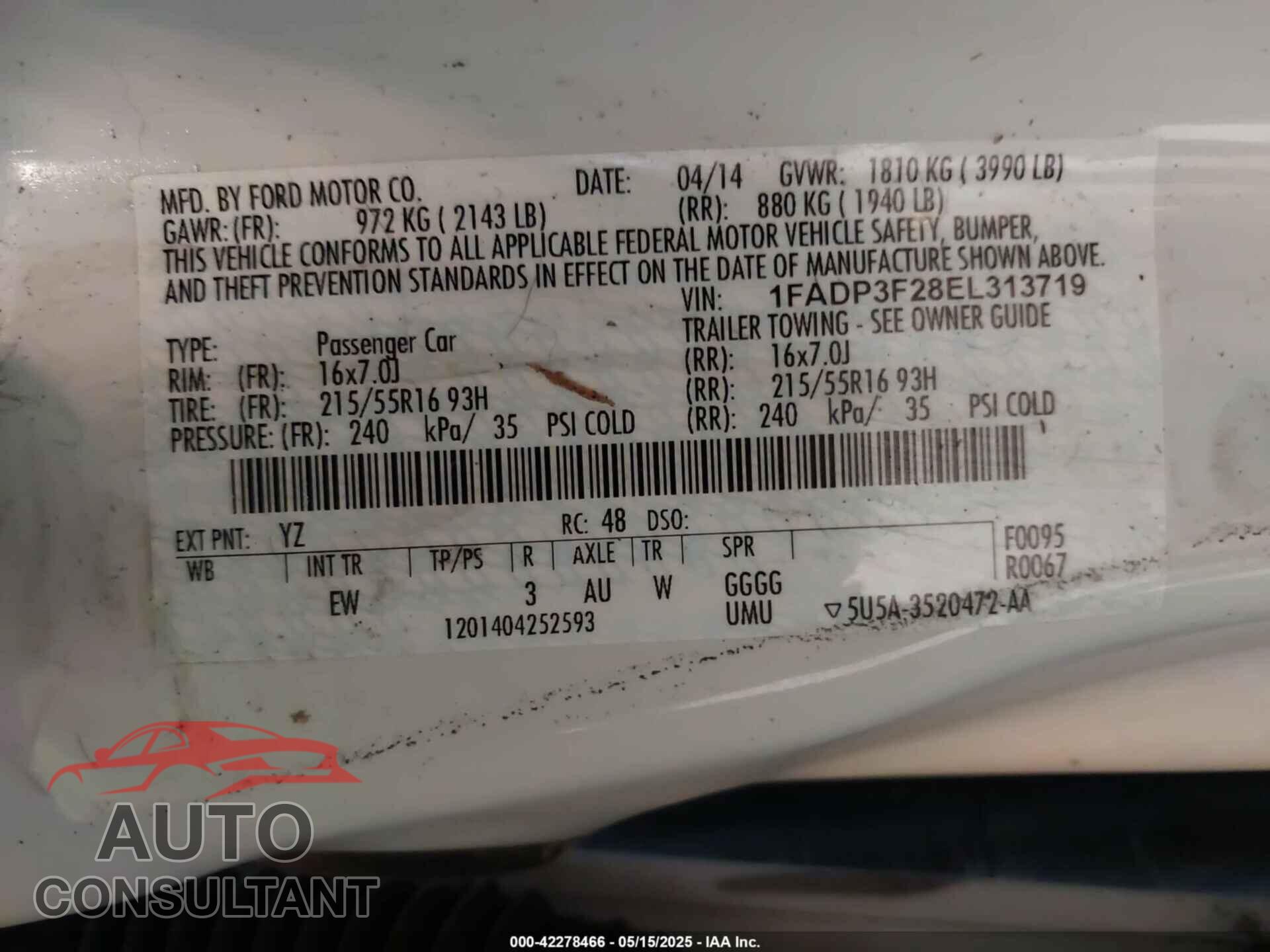 FORD FOCUS 2014 - 1FADP3F28EL313719
