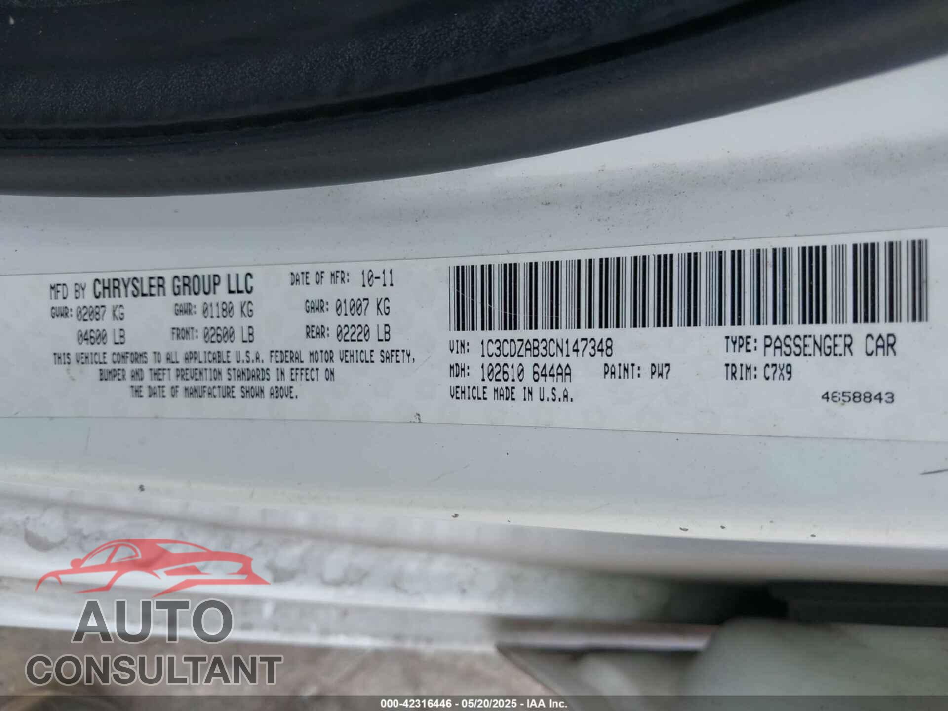 DODGE AVENGER 2012 - 1C3CDZAB3CN147348