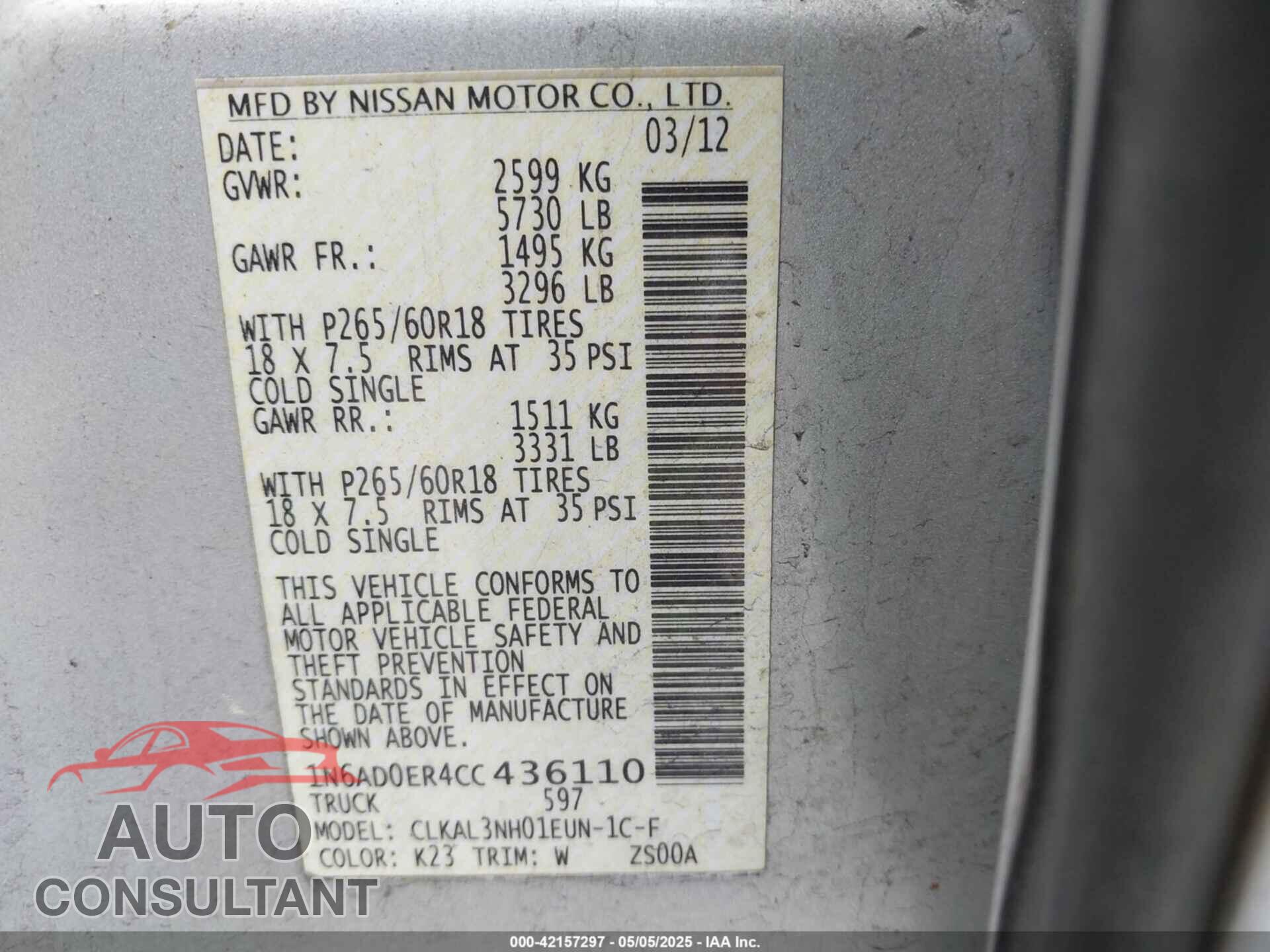 NISSAN FRONTIER 2012 - 1N6AD0ER4CC436110