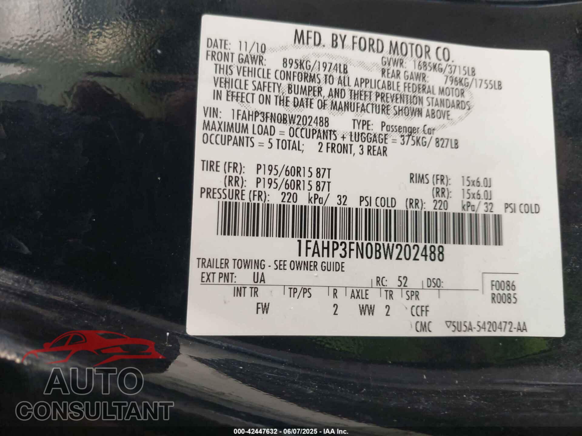 FORD FOCUS 2011 - 1FAHP3FN0BW202488