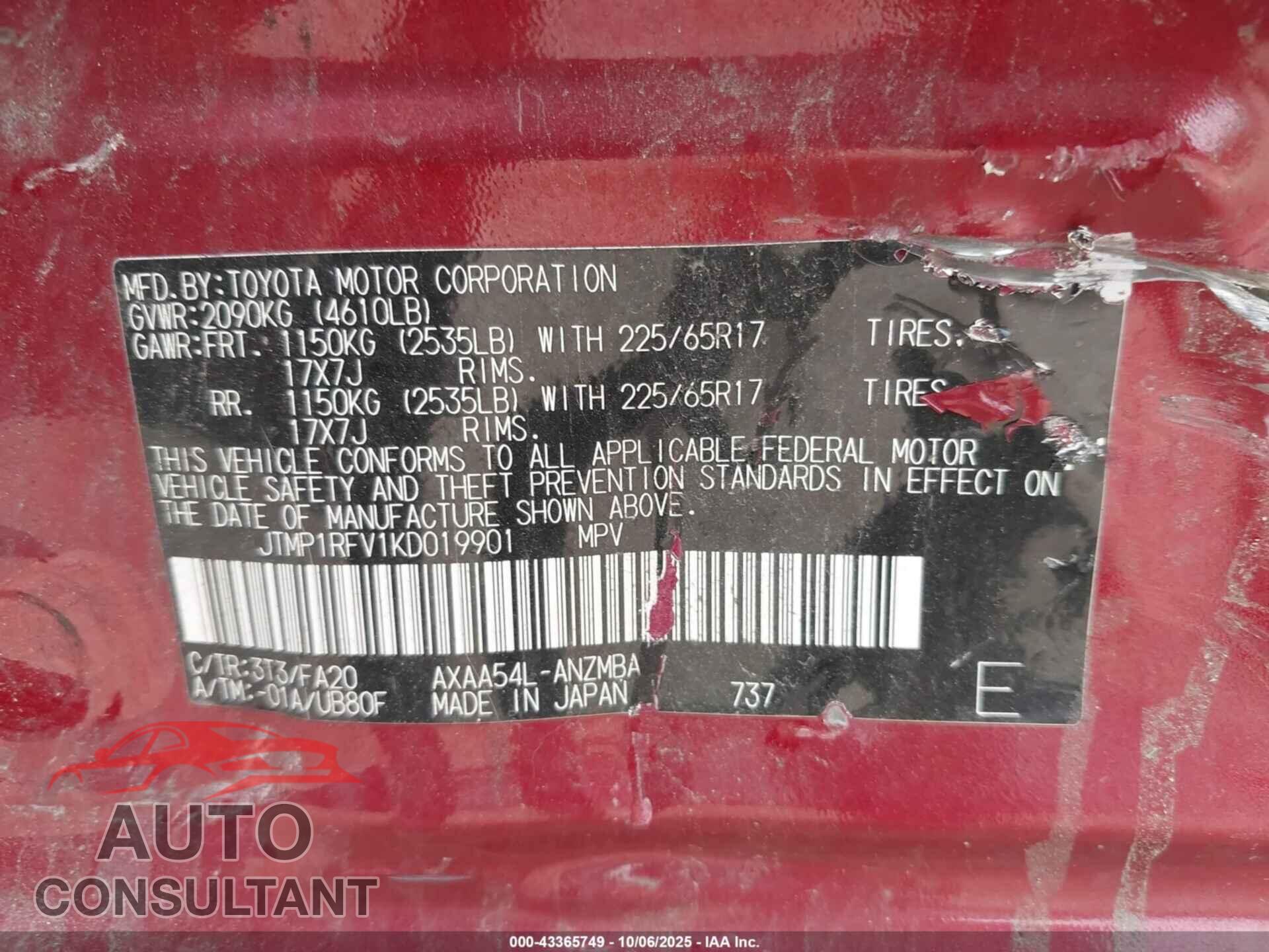 TOYOTA RAV4 2019 - JTMP1RFV1KD019901