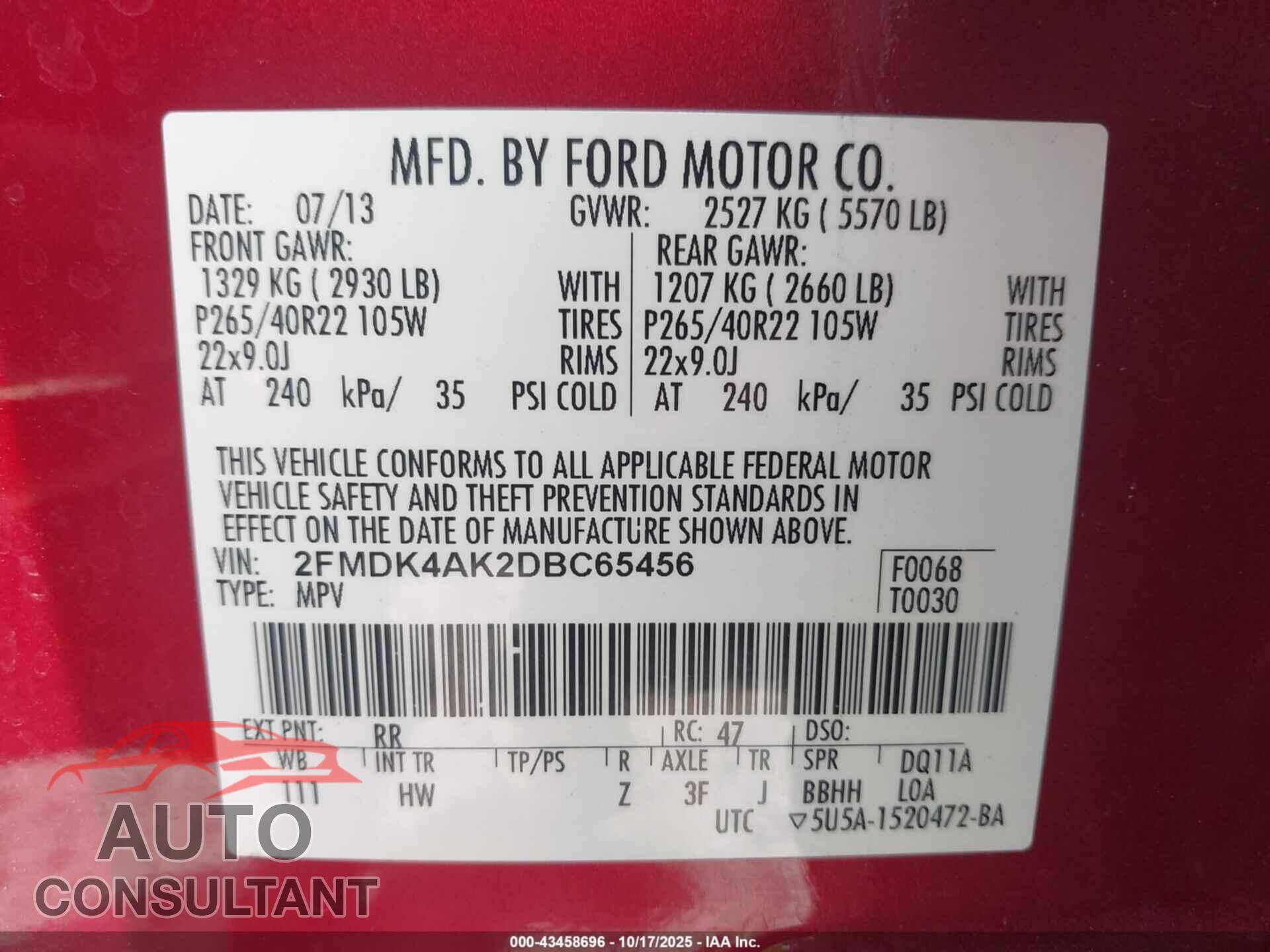 FORD EDGE 2013 - 2FMDK4AK2DBC65456